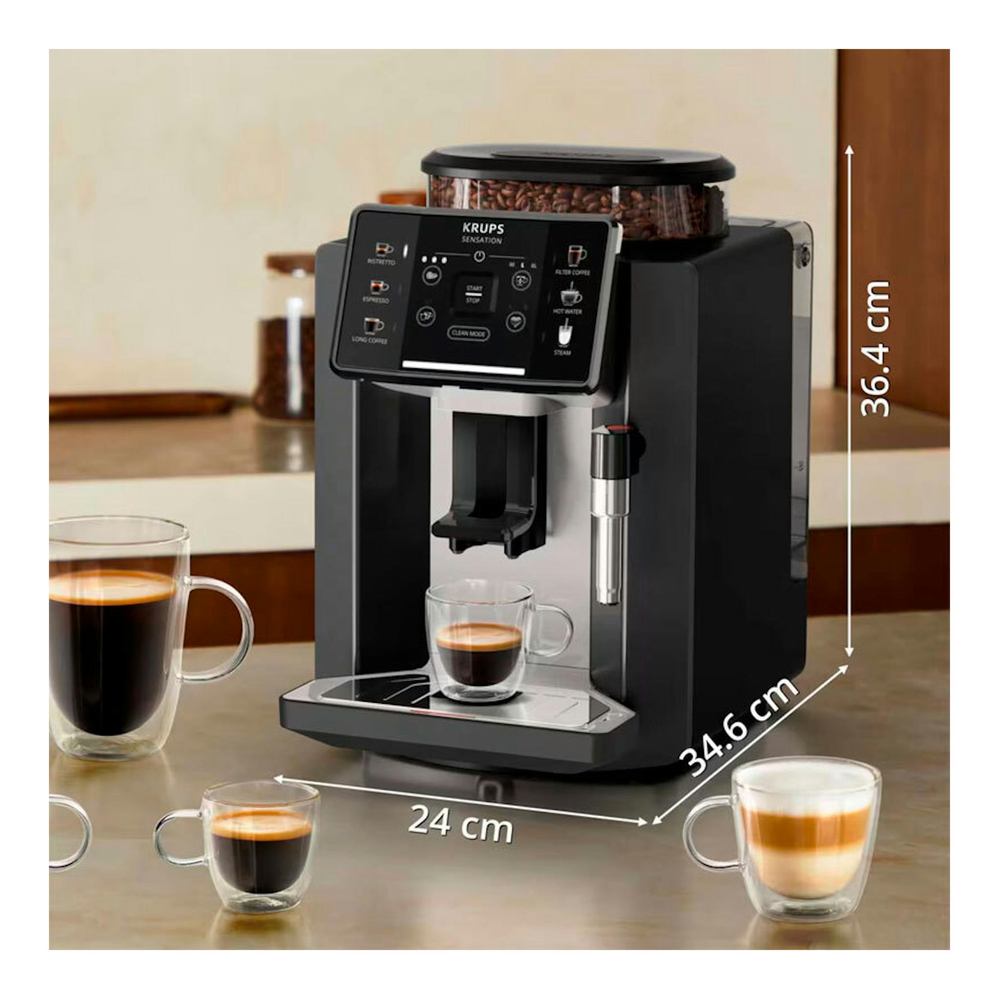 Cafetera automática Krups EA910A10 negra, vista frontal, con panel digital y depósito de café en la parte superior.