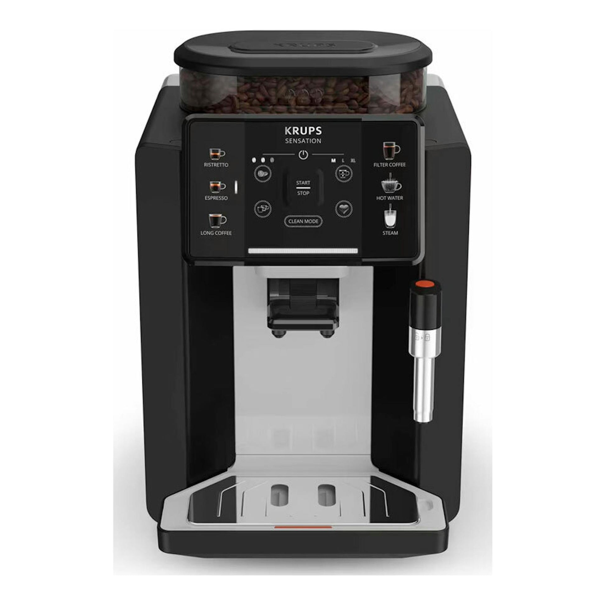 Cafetera superautomática KRUPS EA910A10 negra, vista frontal, con depósito de granos y boquilla lateral.