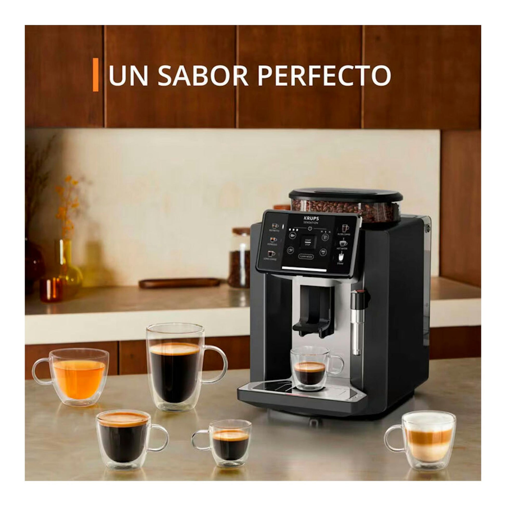 Cafetera superautomática Krups EA910A10 negra, vista frontal sobre encimera, con varias tazas de café.