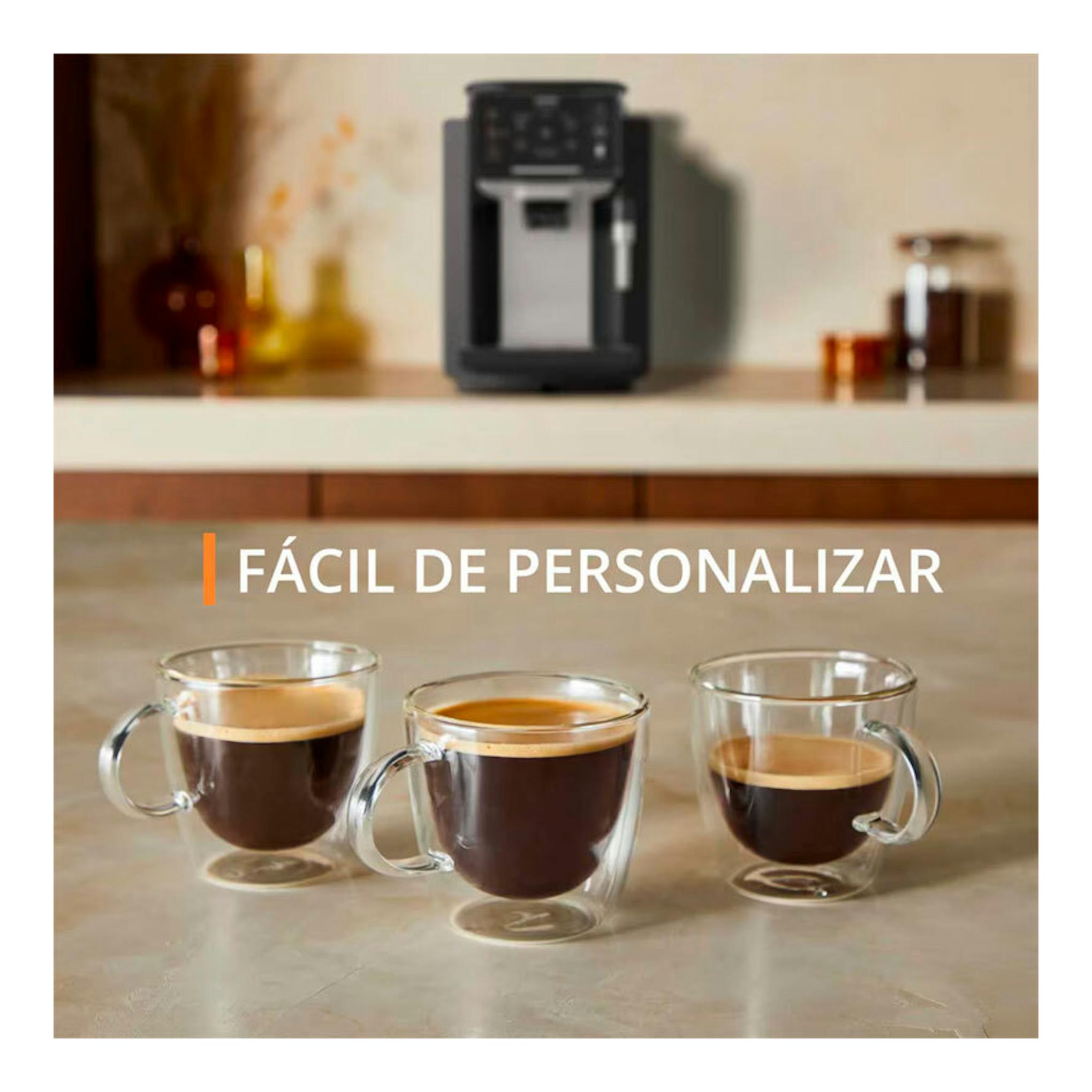 Krups EA910A10 negra, vista frontal, con tres tazas de café y texto “Fácil de personalizar”.