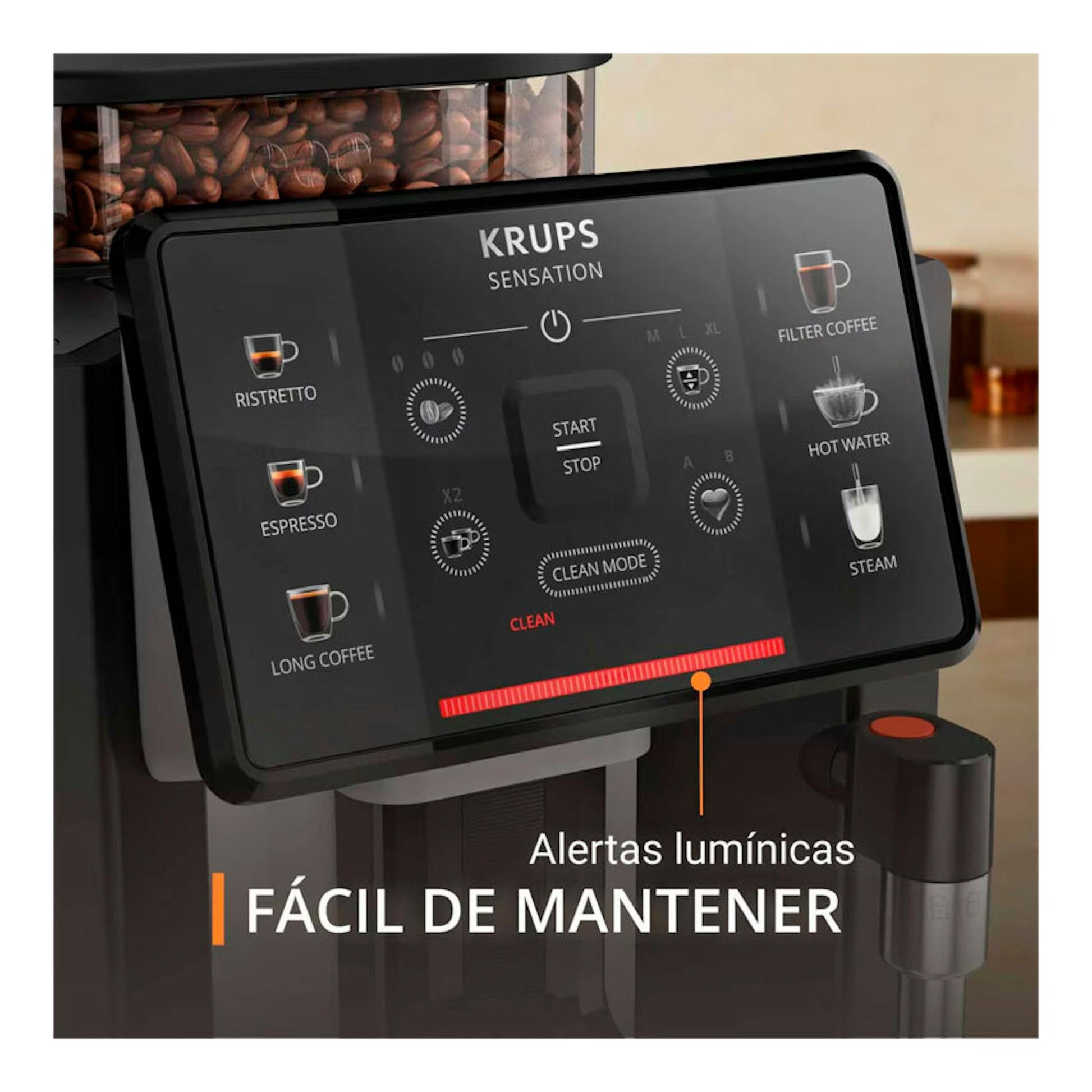 Cafetera superautomática Krups EA910A10, vista frontal del panel táctil negro con luces de alerta.