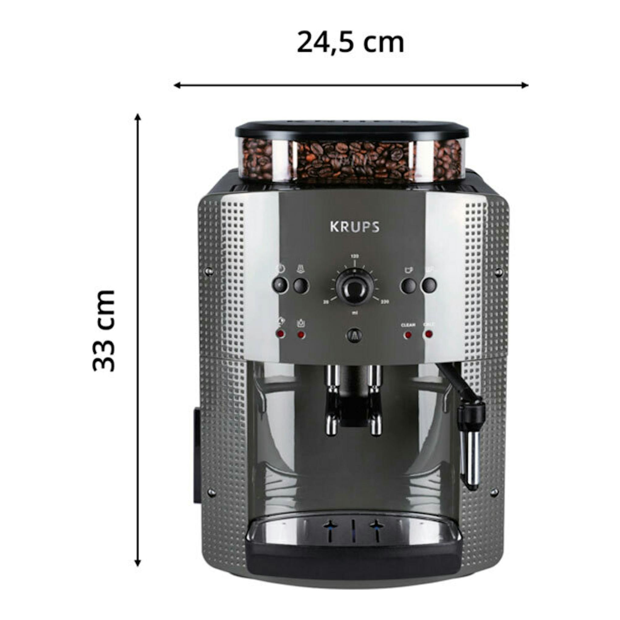 Cafetera superautomática Krups EA810B70 negra y gris, vista frontal con depósito superior de granos.