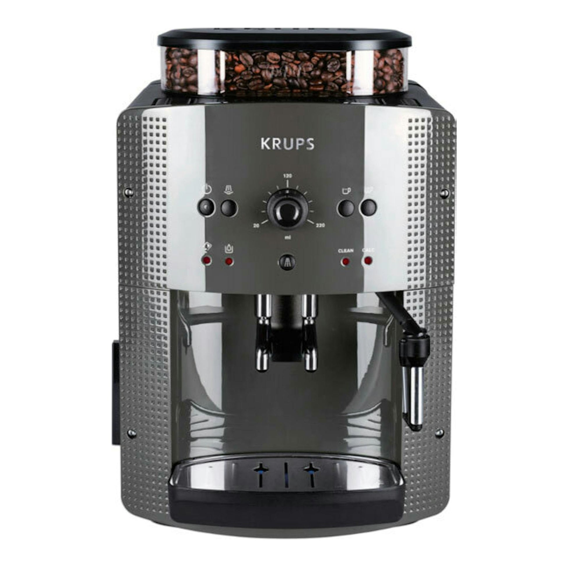 Cafetera superautomática Krups EA810B70, vista frontal, negra y plateada, con depósito de granos visible.