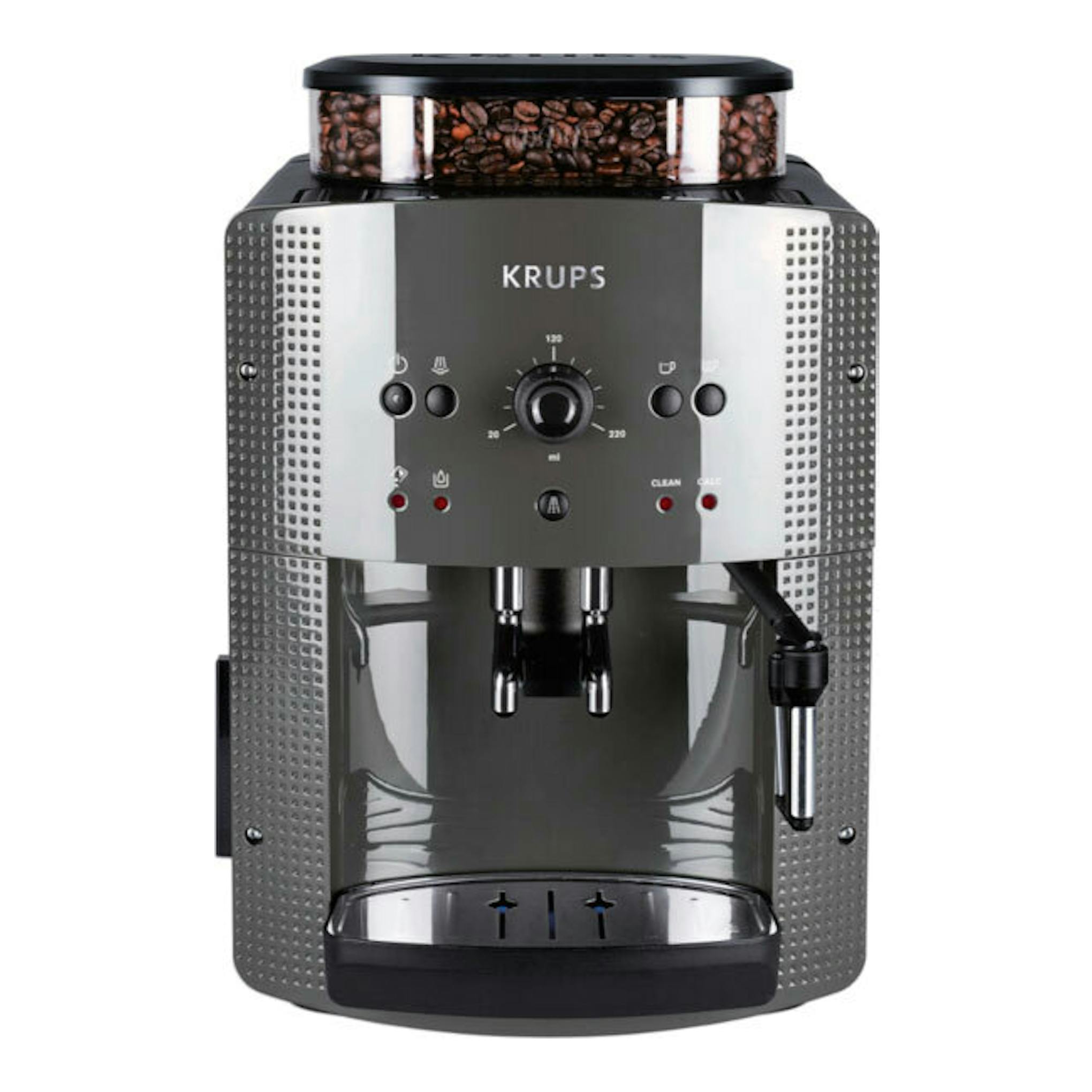 Cafetera superautomática Krups EA810B70, vista frontal, negra y plateada, con depósito de granos visible.