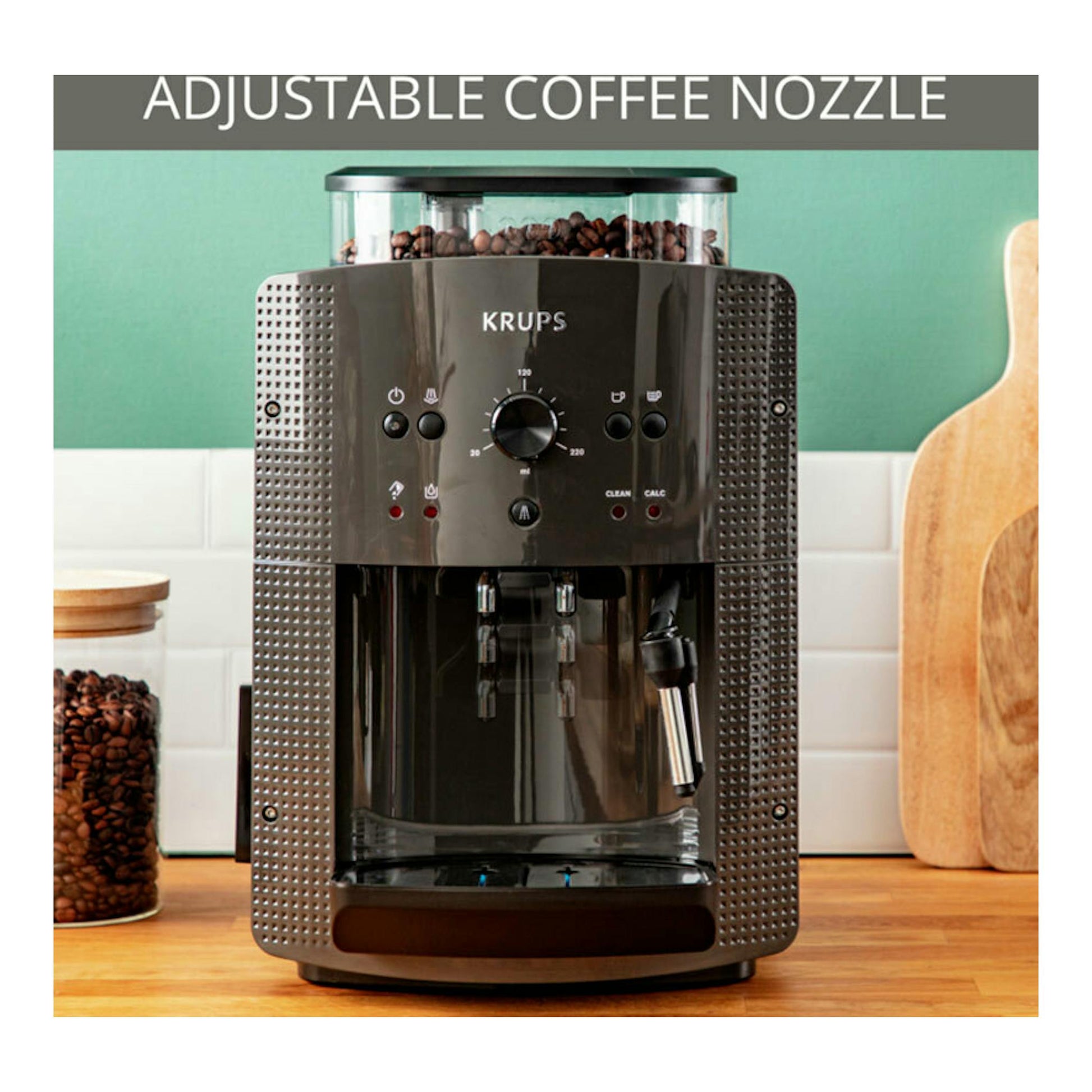 Cafetera superautomática Krups EA810B70 negra, vista frontal, con depósito de granos y boquilla ajustable.