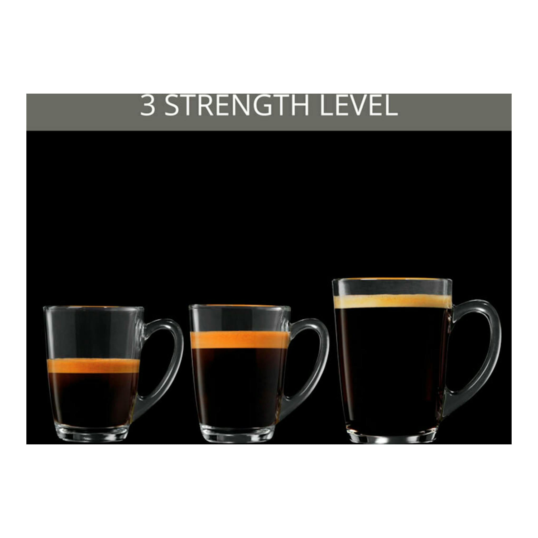 Tres tazas de espresso en vasos de vidrio, con distintos niveles de intensidad, sobre fondo negro.