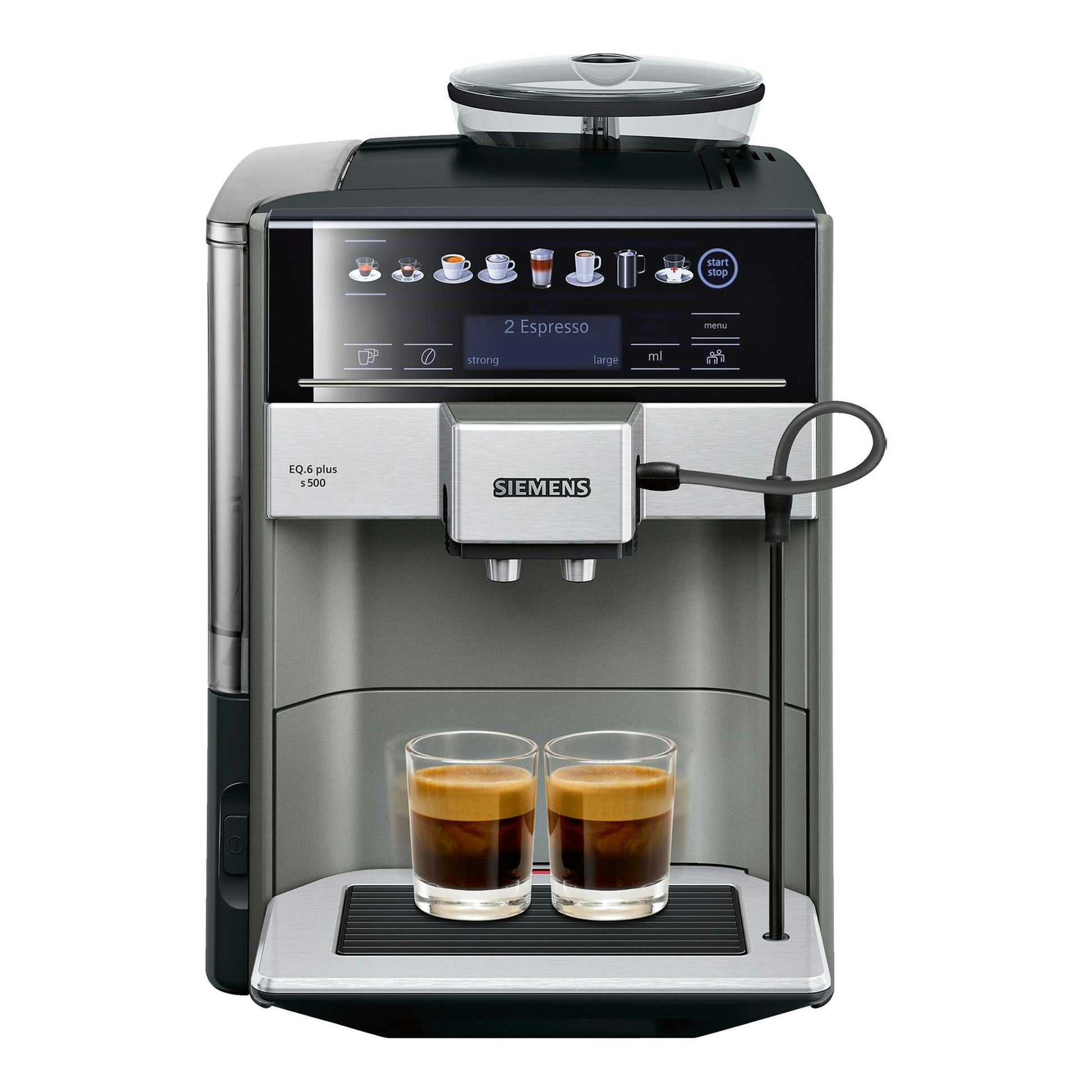 Cafetera superautomática Siemens EQ.6 plus s500, vista frontal, negra y plateada, con dos vasos de espresso.