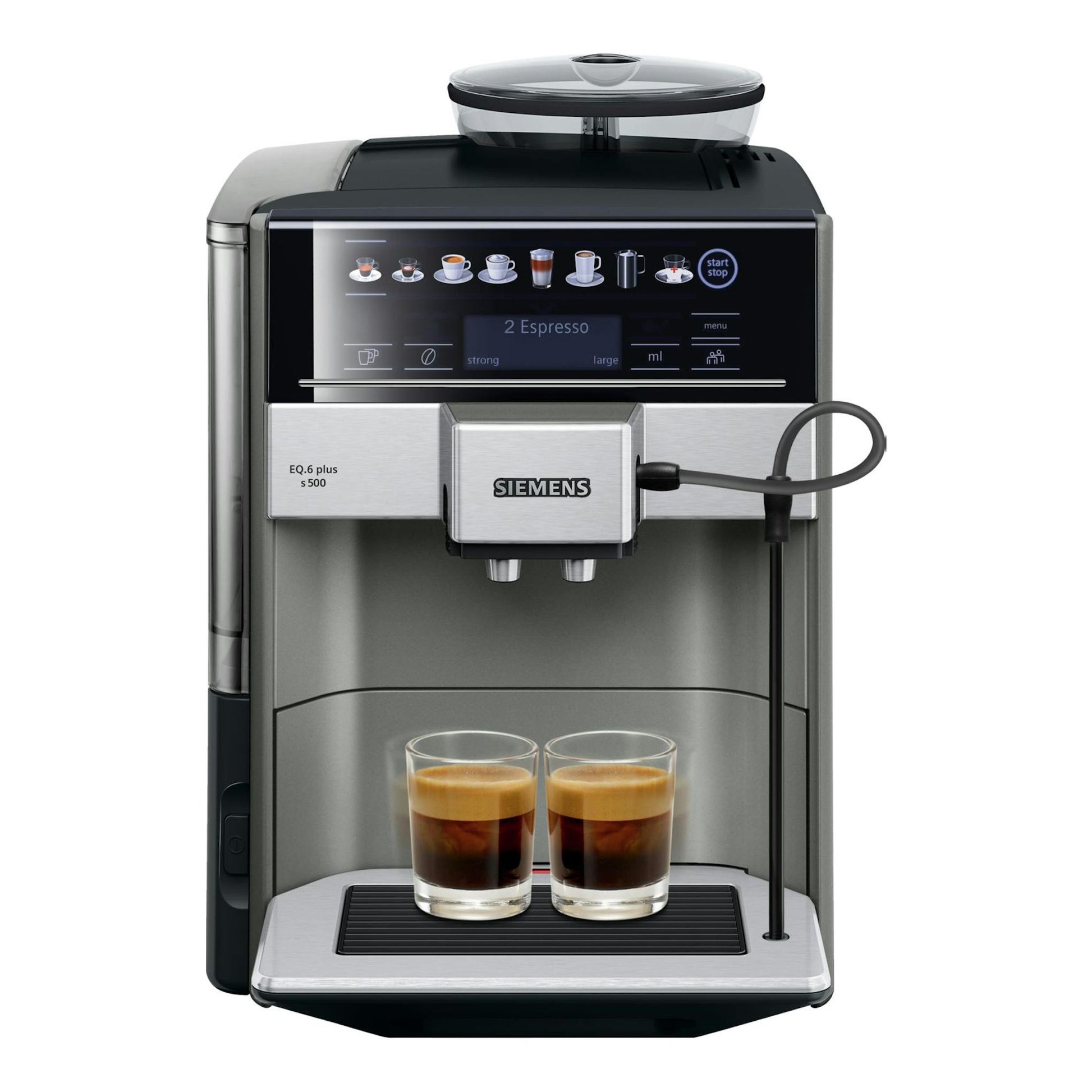 Cafetera superautomática Siemens TE655203RW EQ.6 plus s500, frontal, negra y plateada, con dos vasos de espresso.