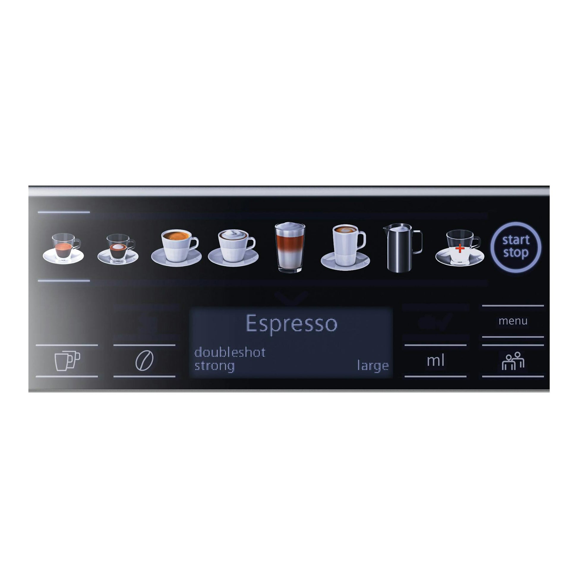 Pantalla táctil de cafetera superautomática Siemens TE655203RW con opción Espresso e iconos de bebidas.