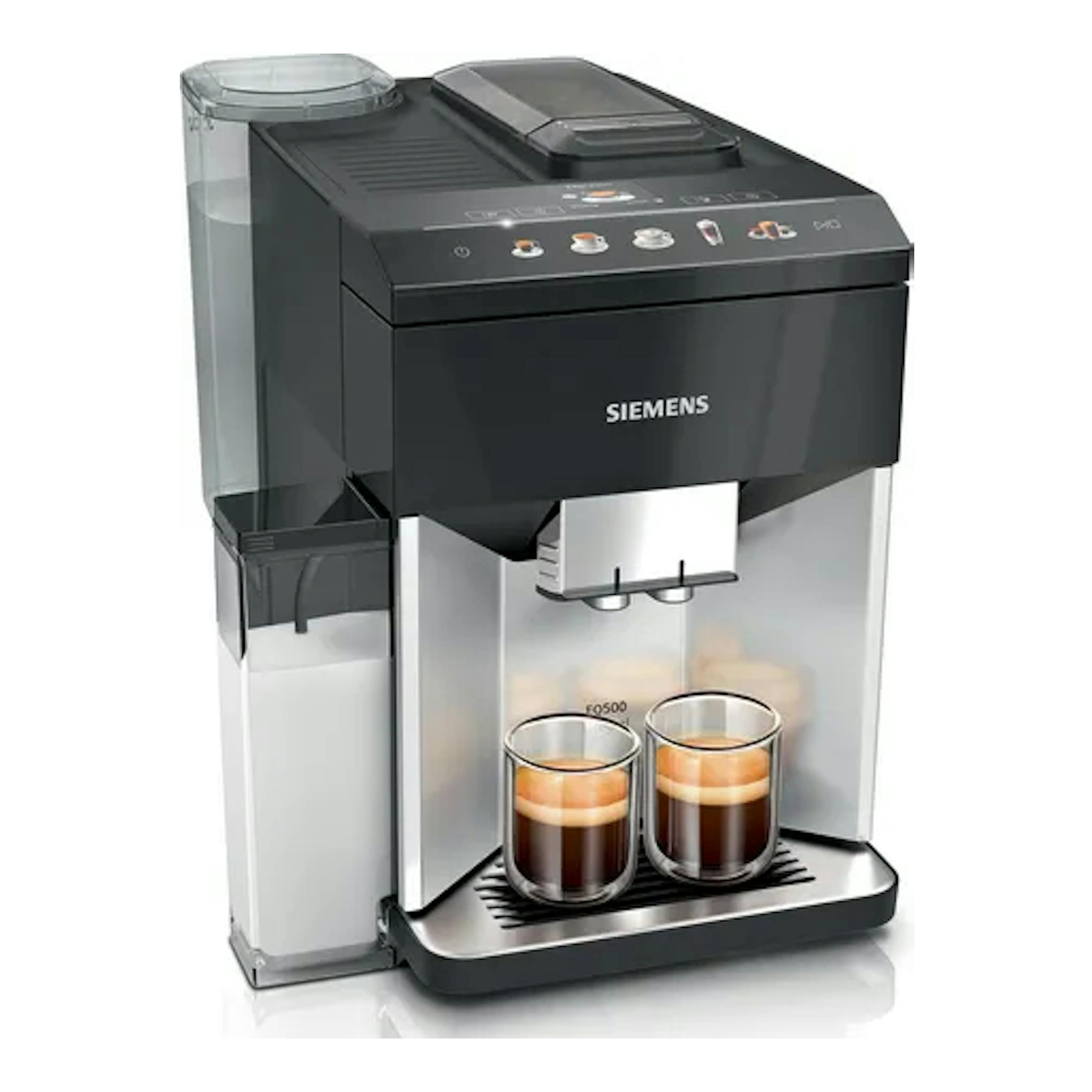 Cafetera superautomática Siemens TQ513R01 negra y plateada, vista frontal, con dos tazas en la bandeja.
