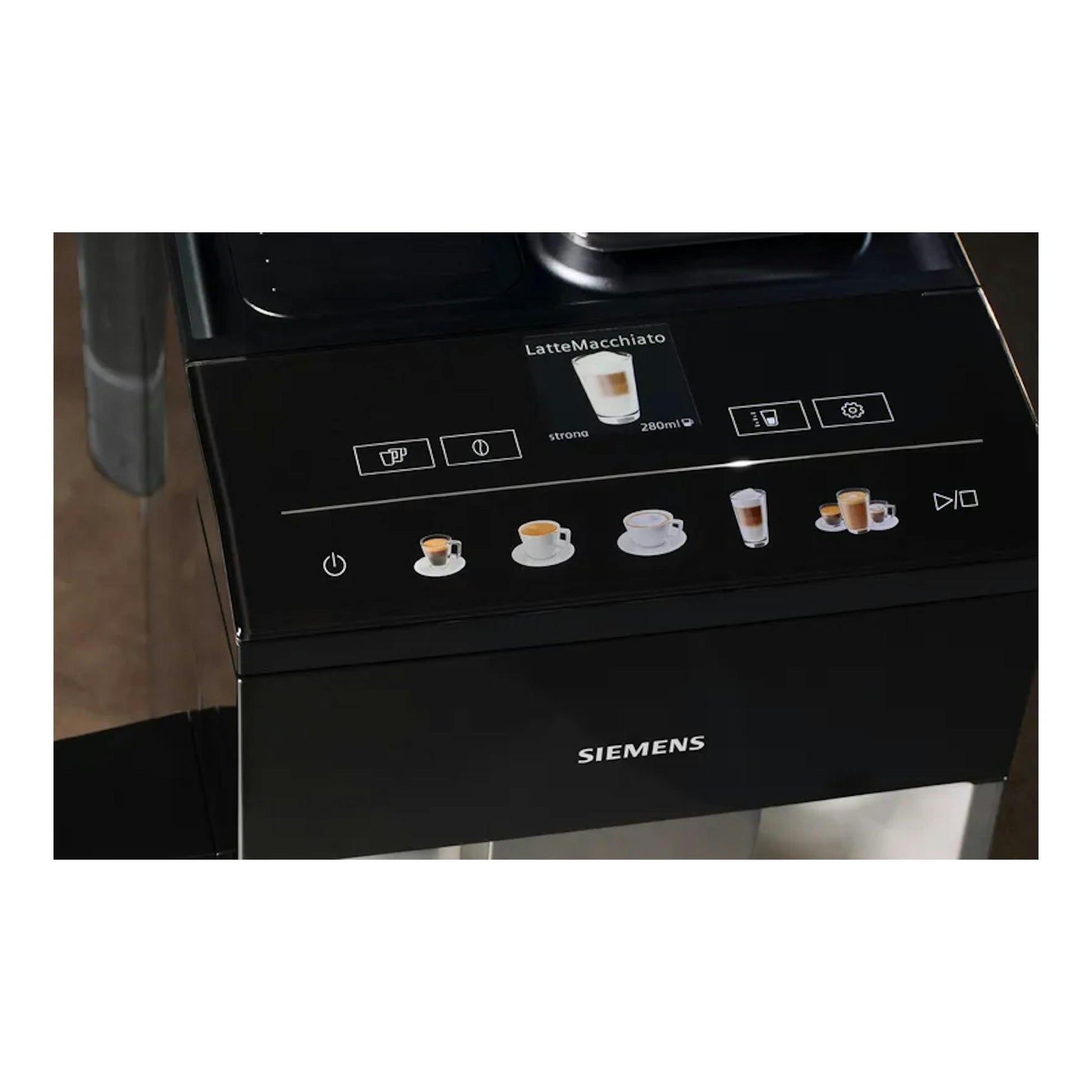 Cafetera superautomática Siemens TQ513R01 negra, vista frontal superior, con panel táctil y pantalla.