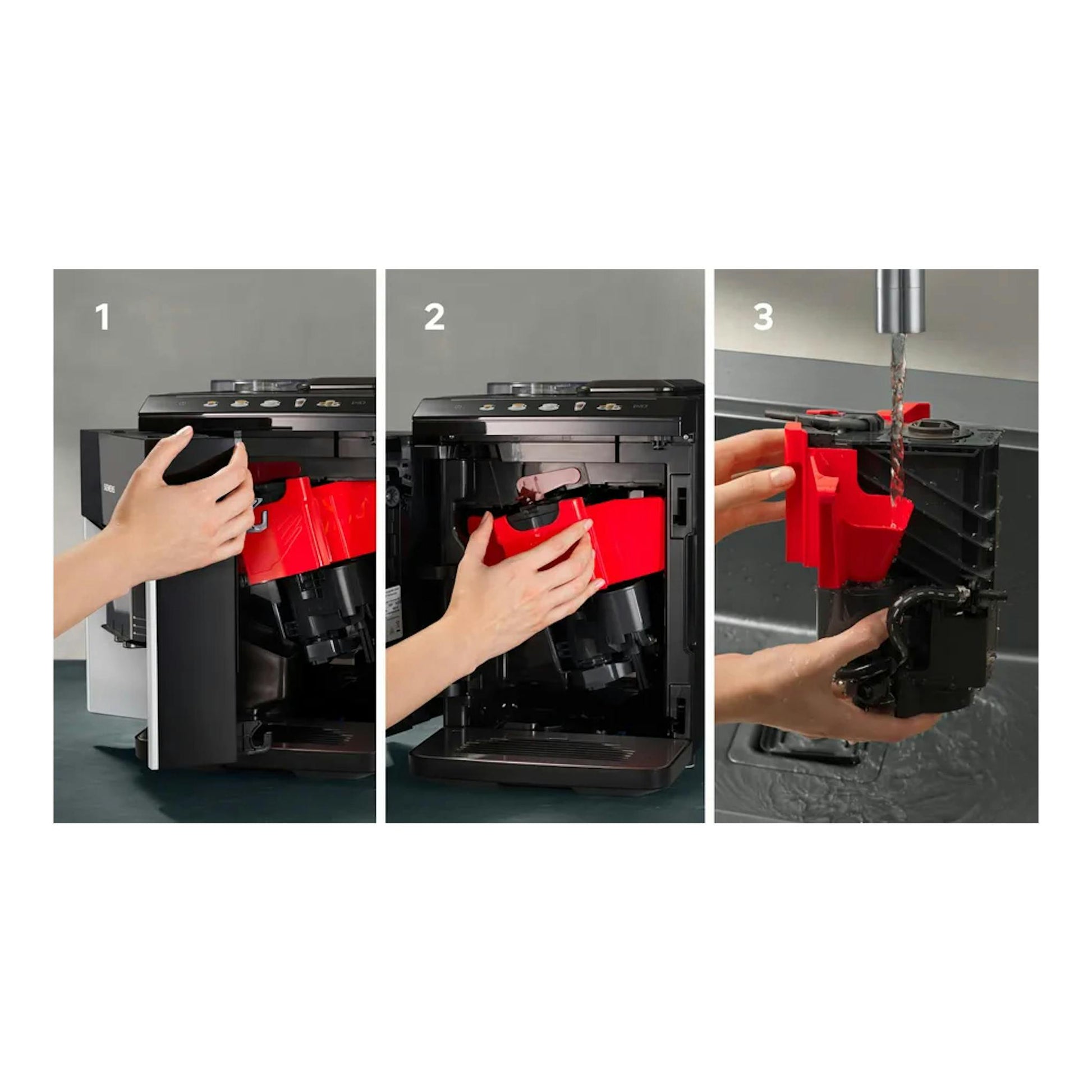 Serie de 3: cafetera superautomática Siemens TQ513R01 negra, con grupo de infusión rojo extraído y enjuagado.