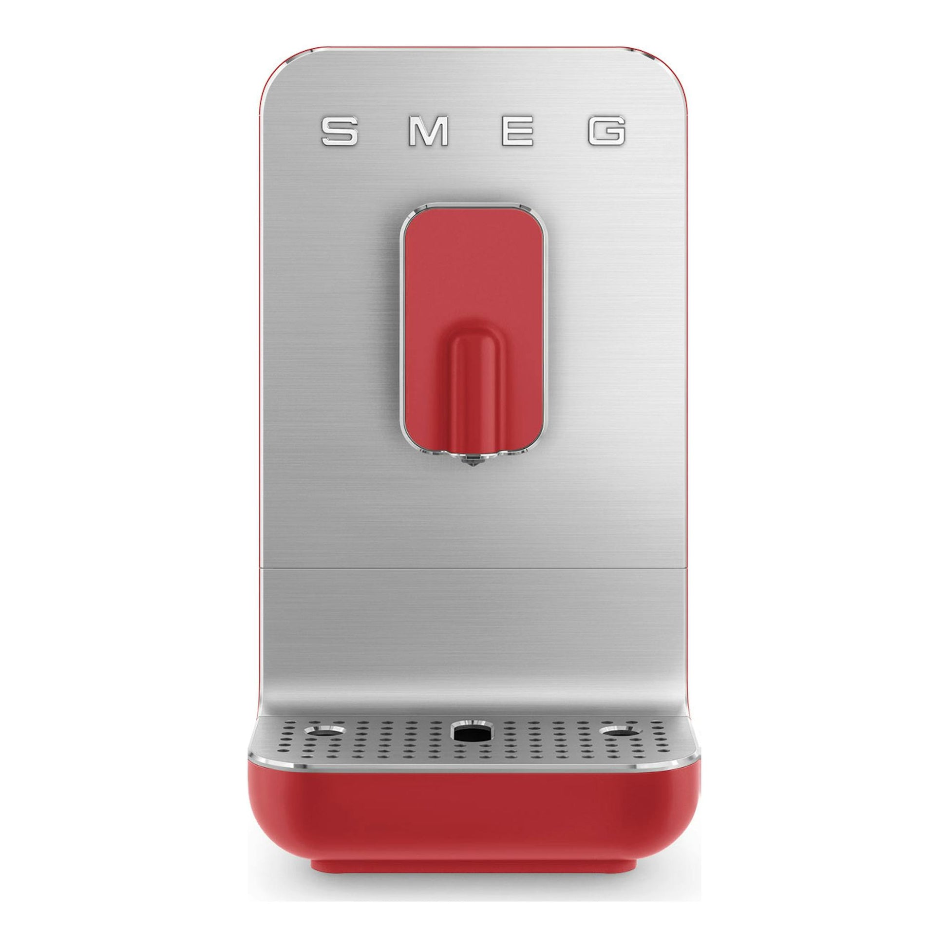 Cafetera superautomática Smeg BCC01RDMEU roja y plateada, vista frontal, con molinillo integrado.