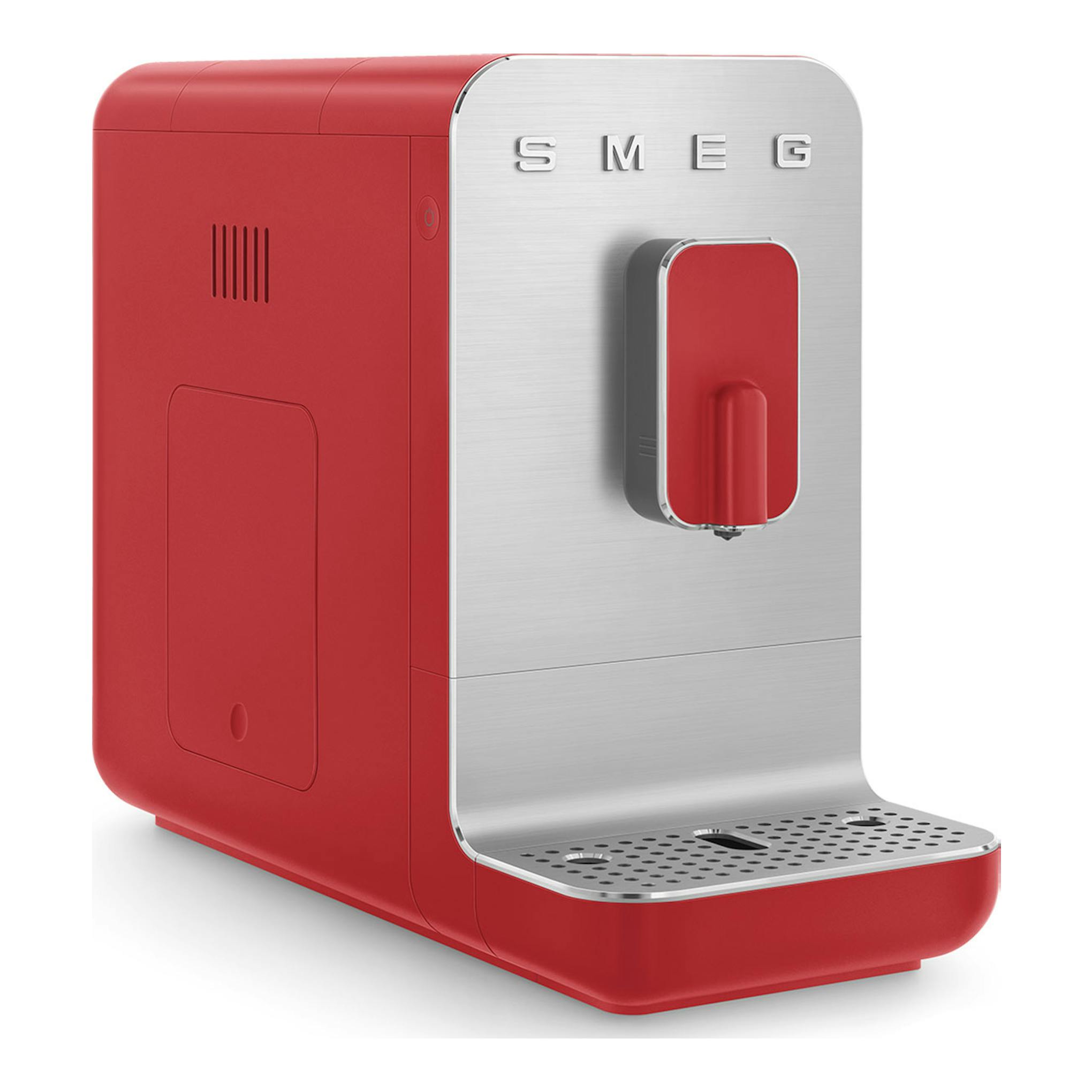 Cafetera superautomática Smeg BCC01RDMEU roja y acero inoxidable, vista frontal en ángulo.