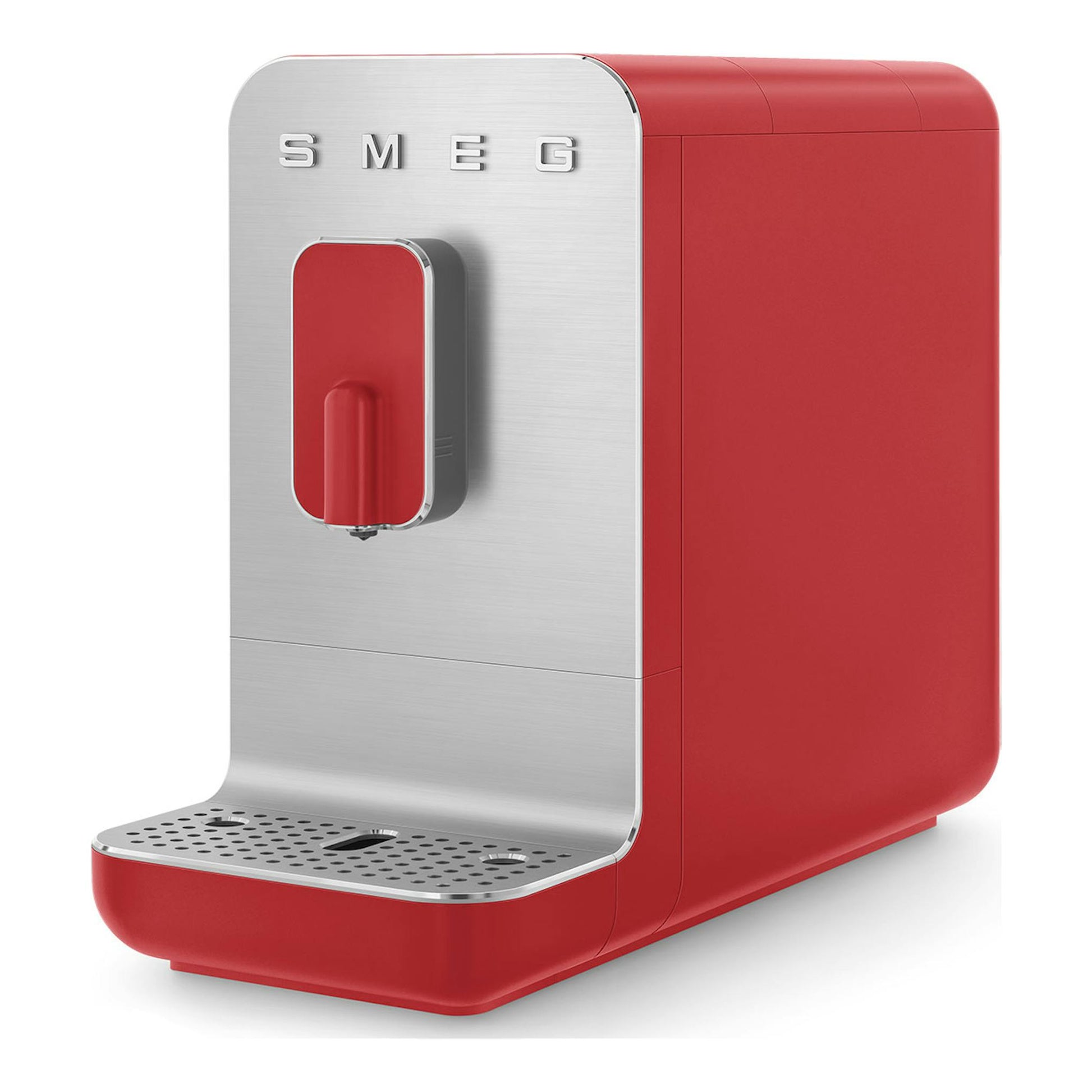 Cafetera superautomática Smeg BCC01RDMEU roja y plateada, vista frontal en ángulo, con molinillo integrado.
