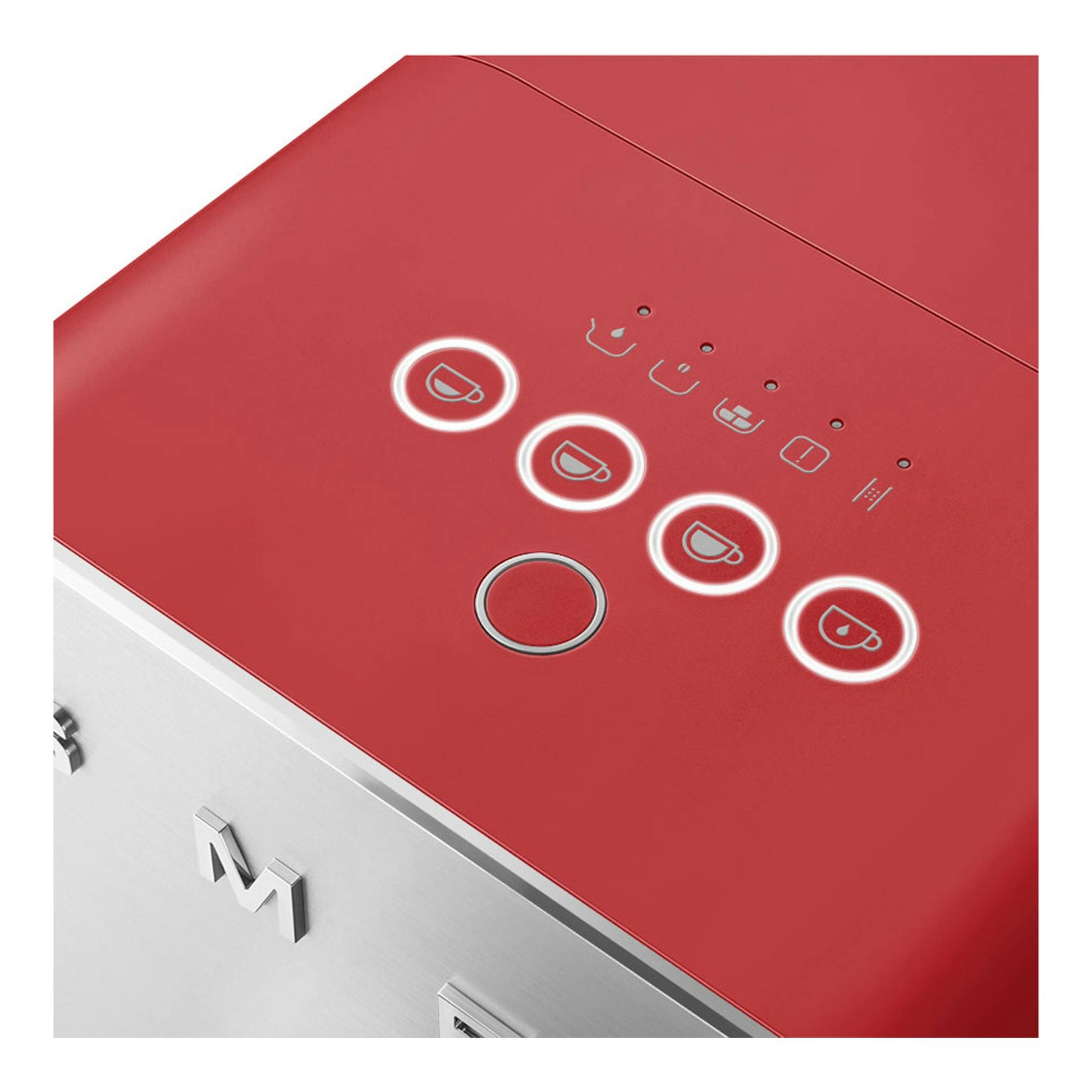 Cafetera superautomática Smeg BCC01RDMEU roja, vista superior parcial con botones táctiles.