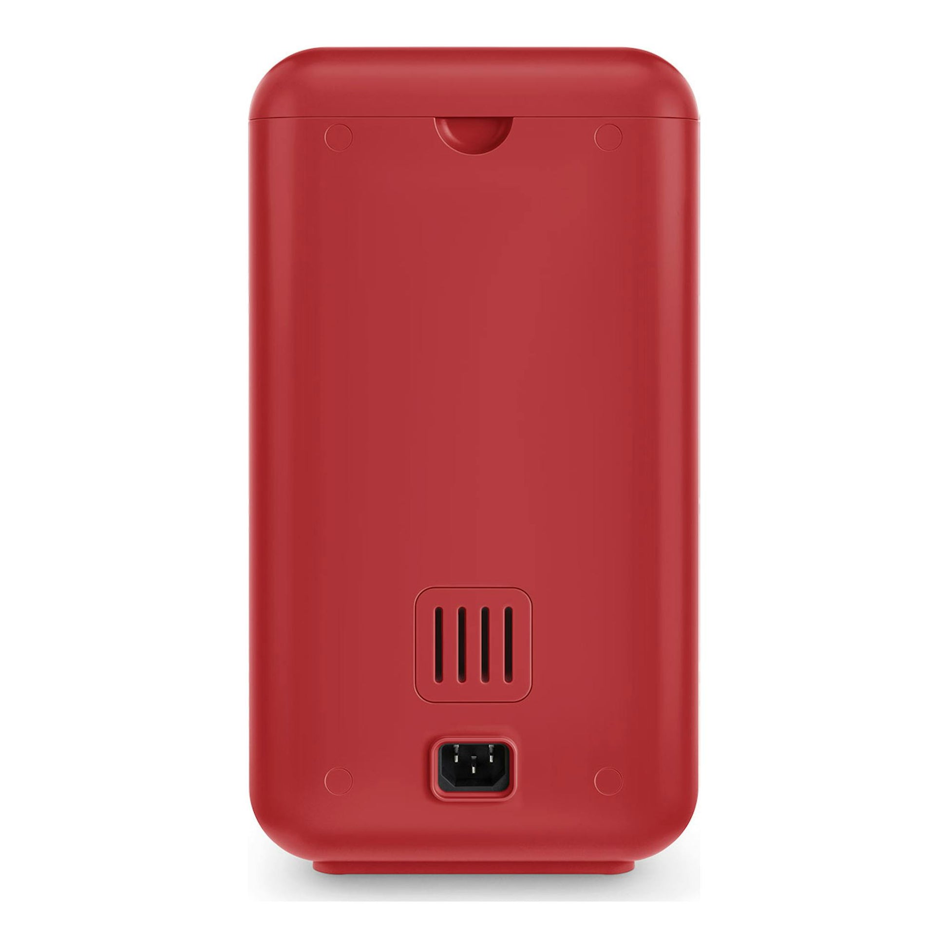 Superautomática Smeg BCC01RDMEU roja, vista trasera, con rejilla y conector inferior.
