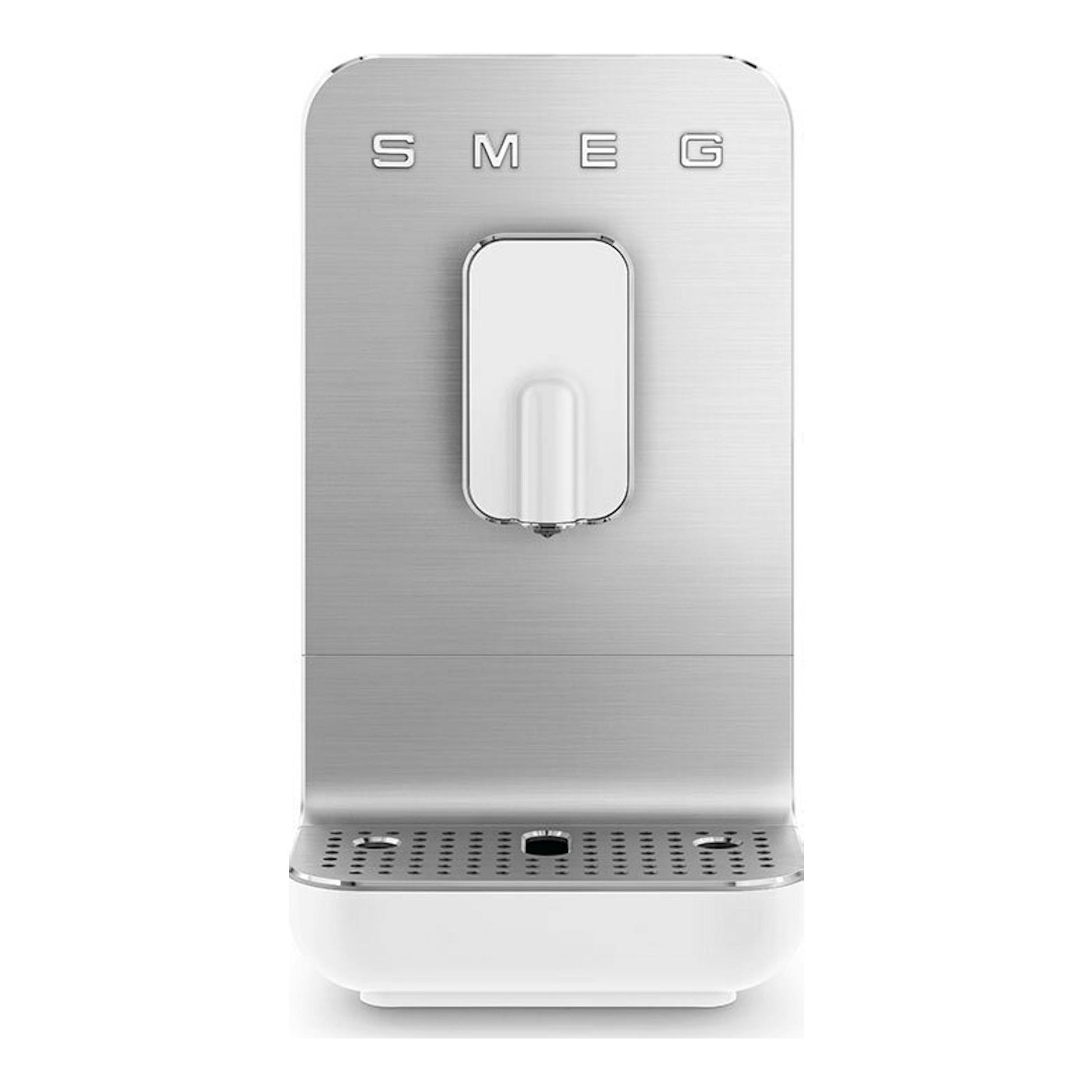 Cafetera superautomática Smeg BCC11WHMEU blanca, vista frontal, con panel de acero y base blanca.