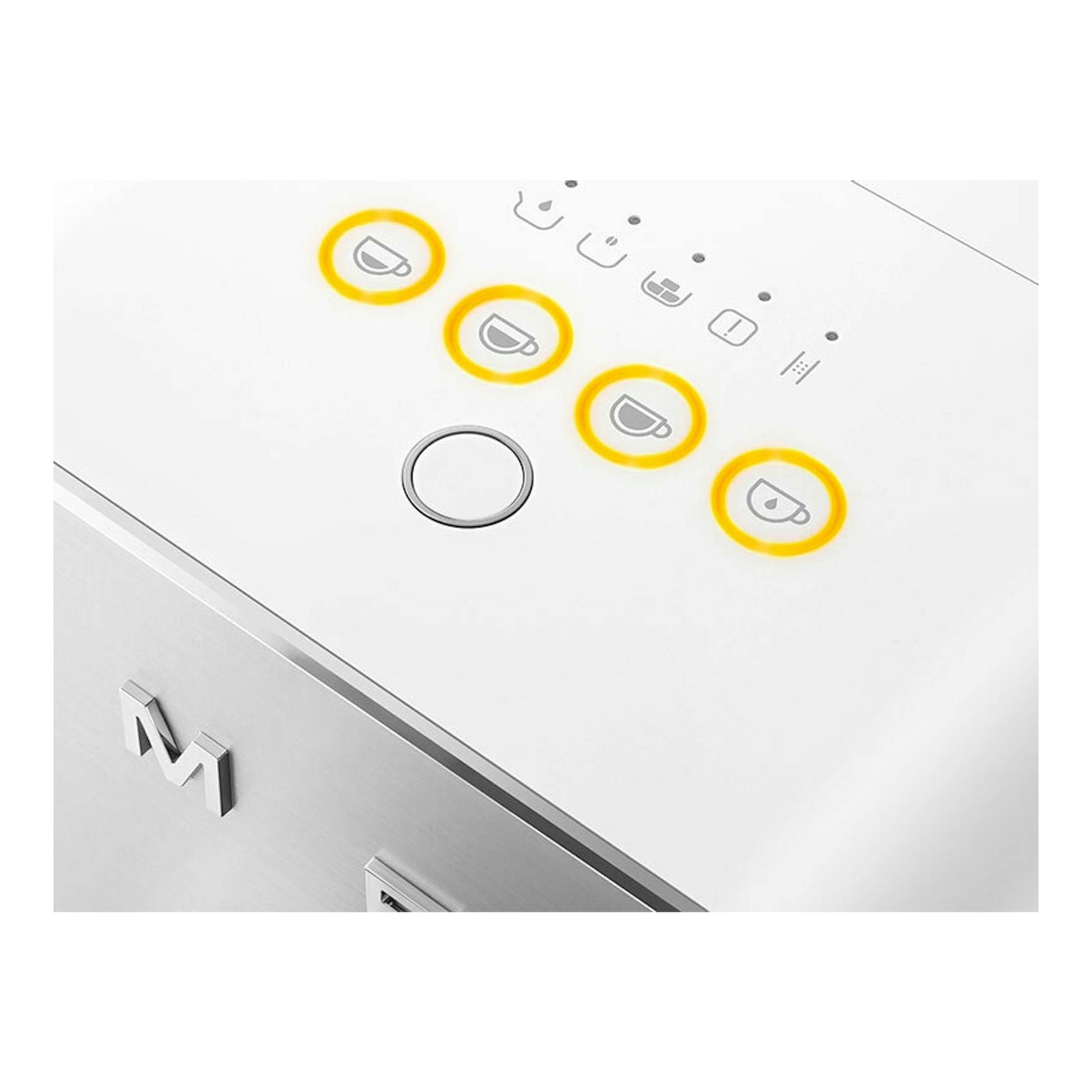 Cafetera superautomática Smeg BCC11WHMEU blanca, vista cenital parcial con botones iluminados.