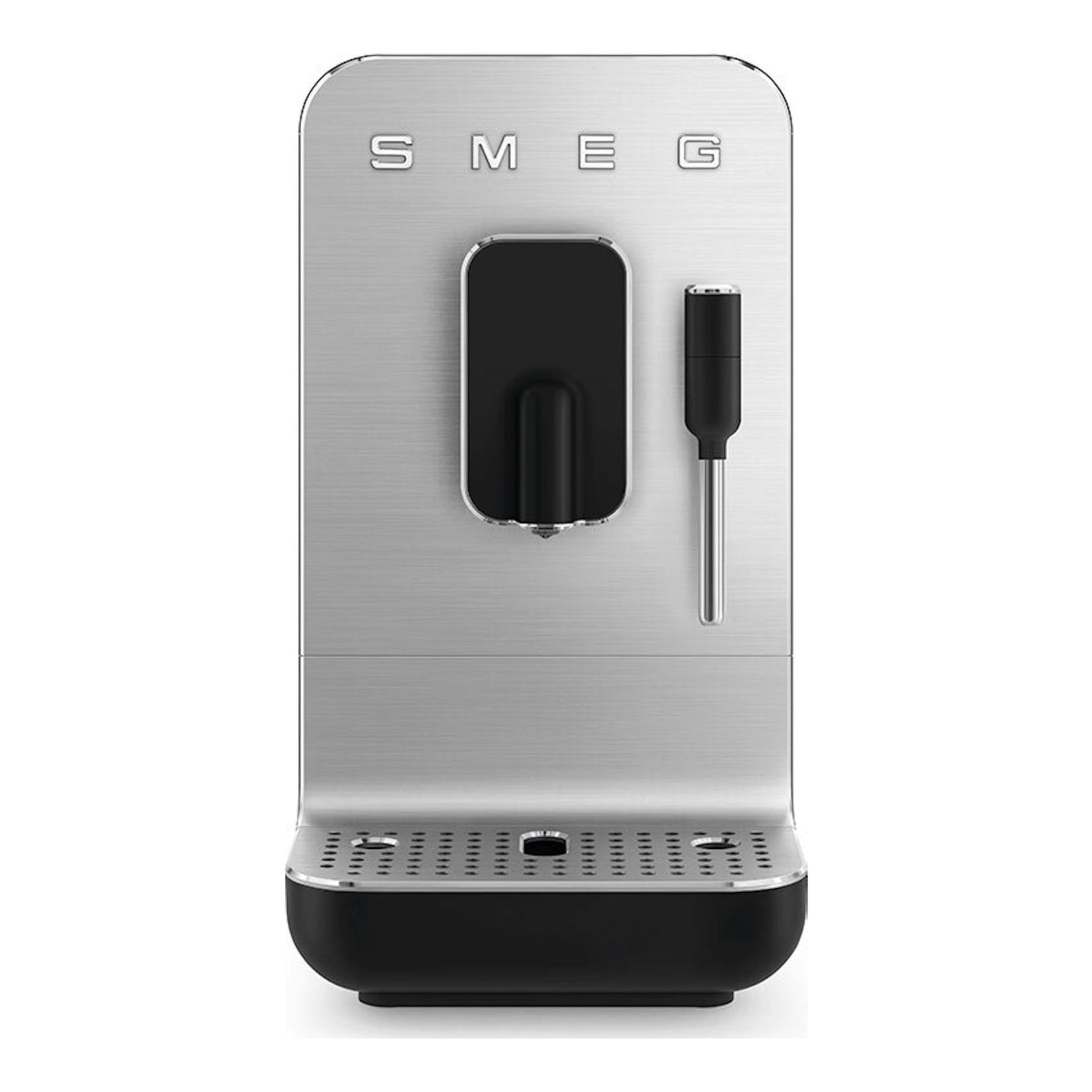 Cafetera superautomática Smeg BCC12BLMEU en acero inoxidable y negro, vista frontal.