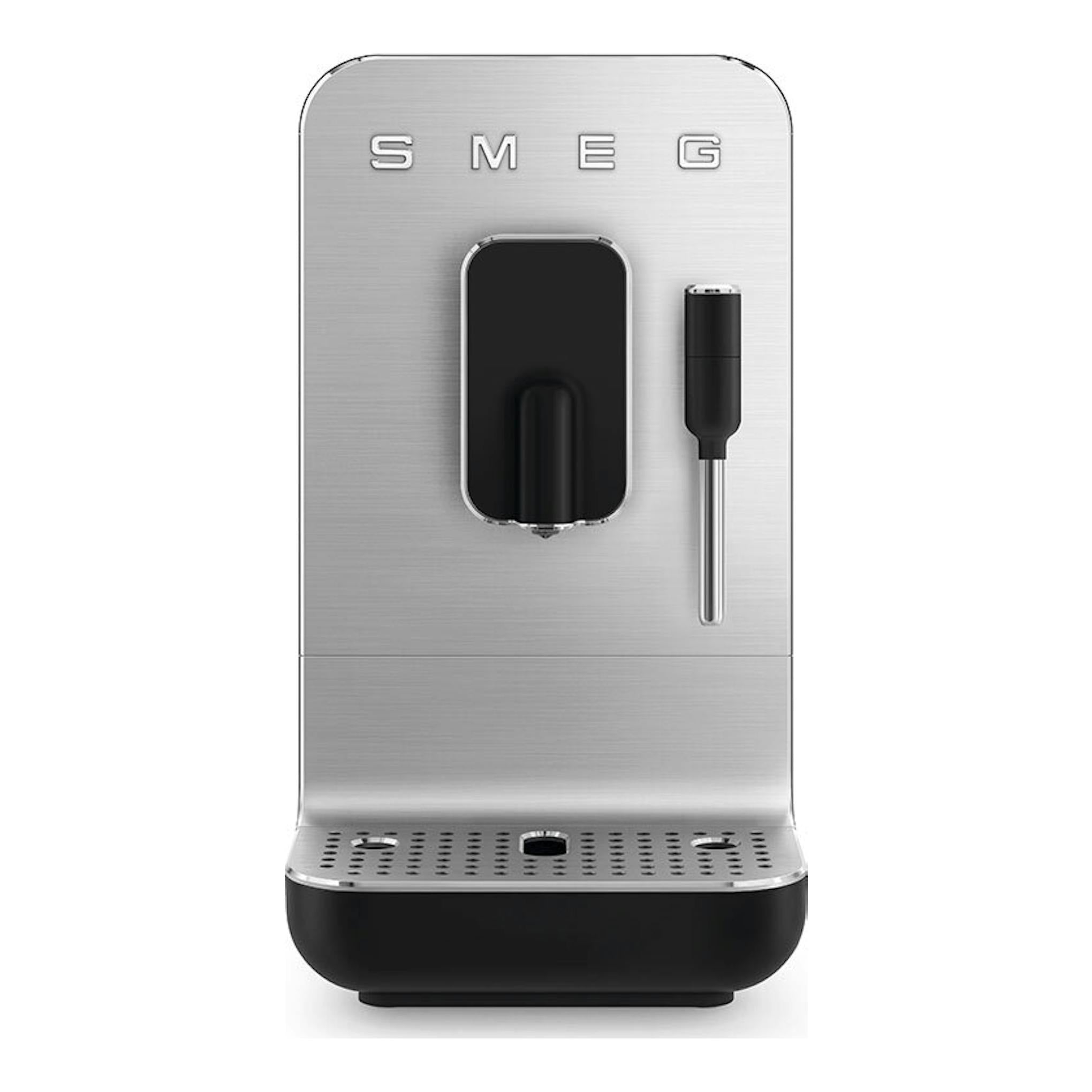 Cafetera superautomática Smeg BCC12BLMEU en acero inoxidable y negro, vista frontal.