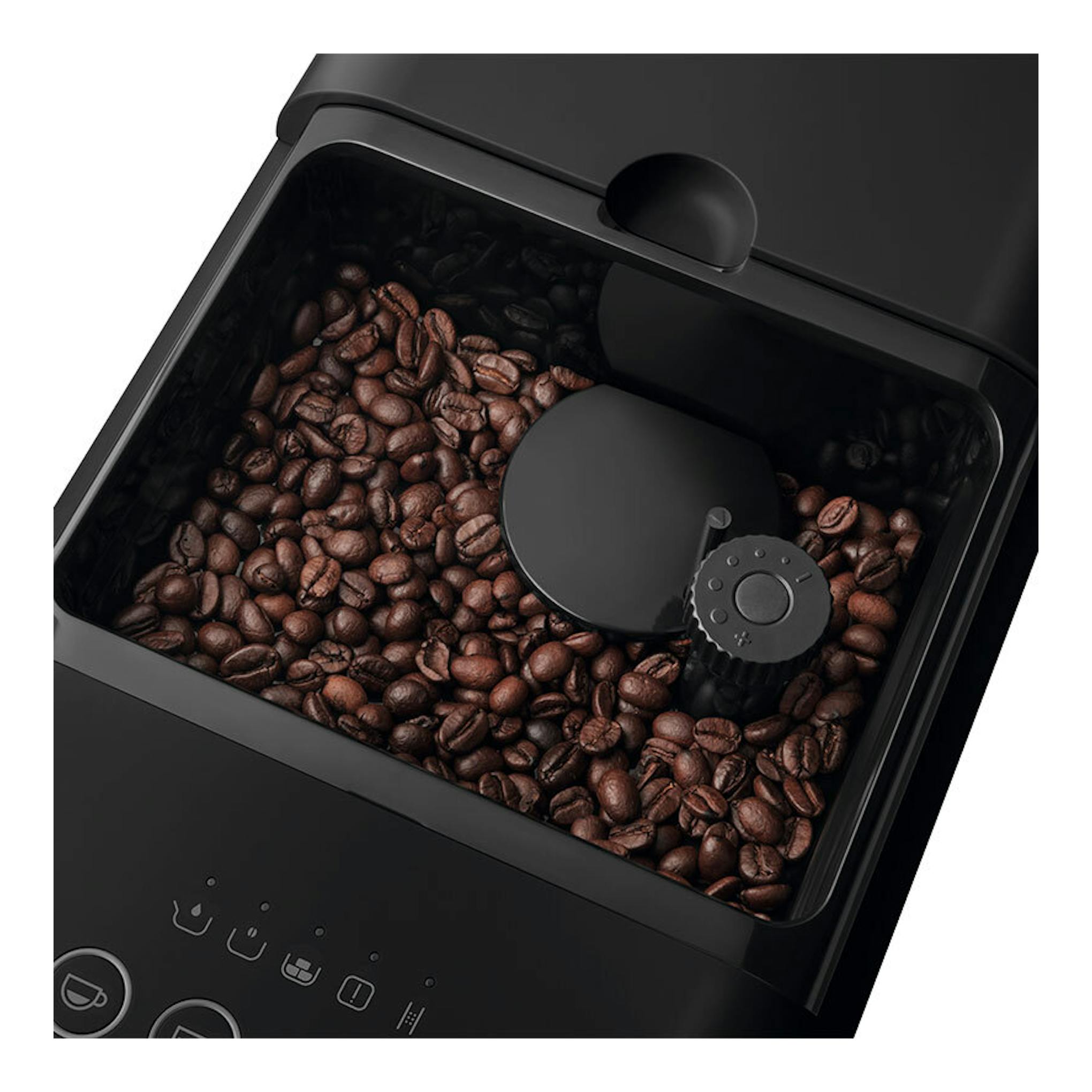 Cafetera superautomática Smeg BCC12BLMEU negra, vista superior del depósito con granos de café.