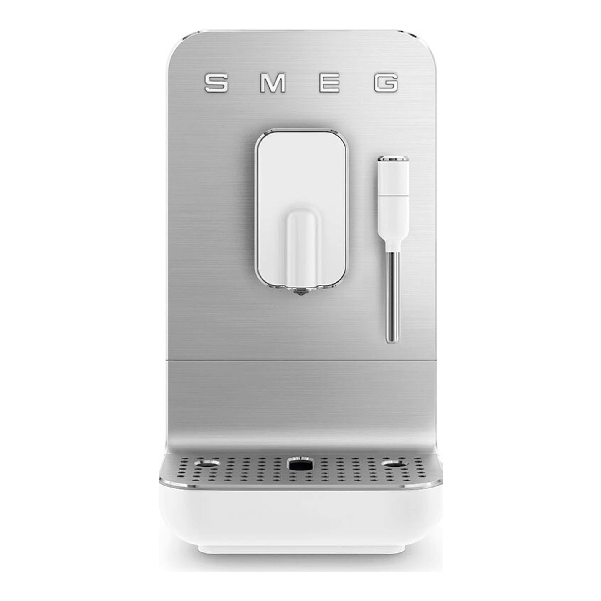 Cafetera superautomática Smeg BCC12WHMEU, vista frontal, acabado metálico plateado con detalles blancos.