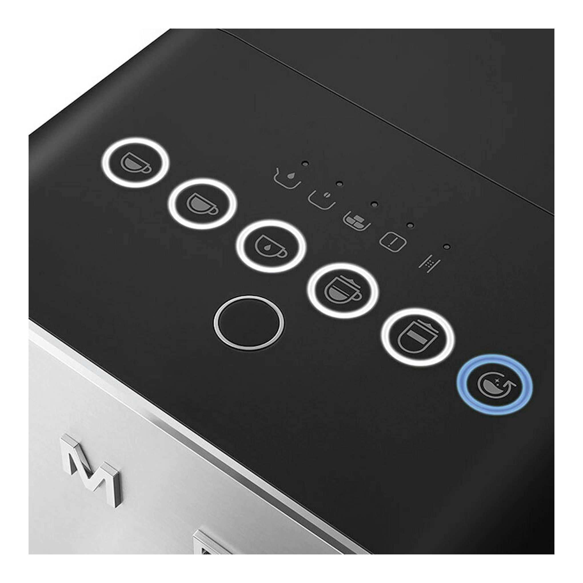 Cafetera superautomática Smeg BCC13BLMEU negra, primer plano del panel táctil con botones iluminados.