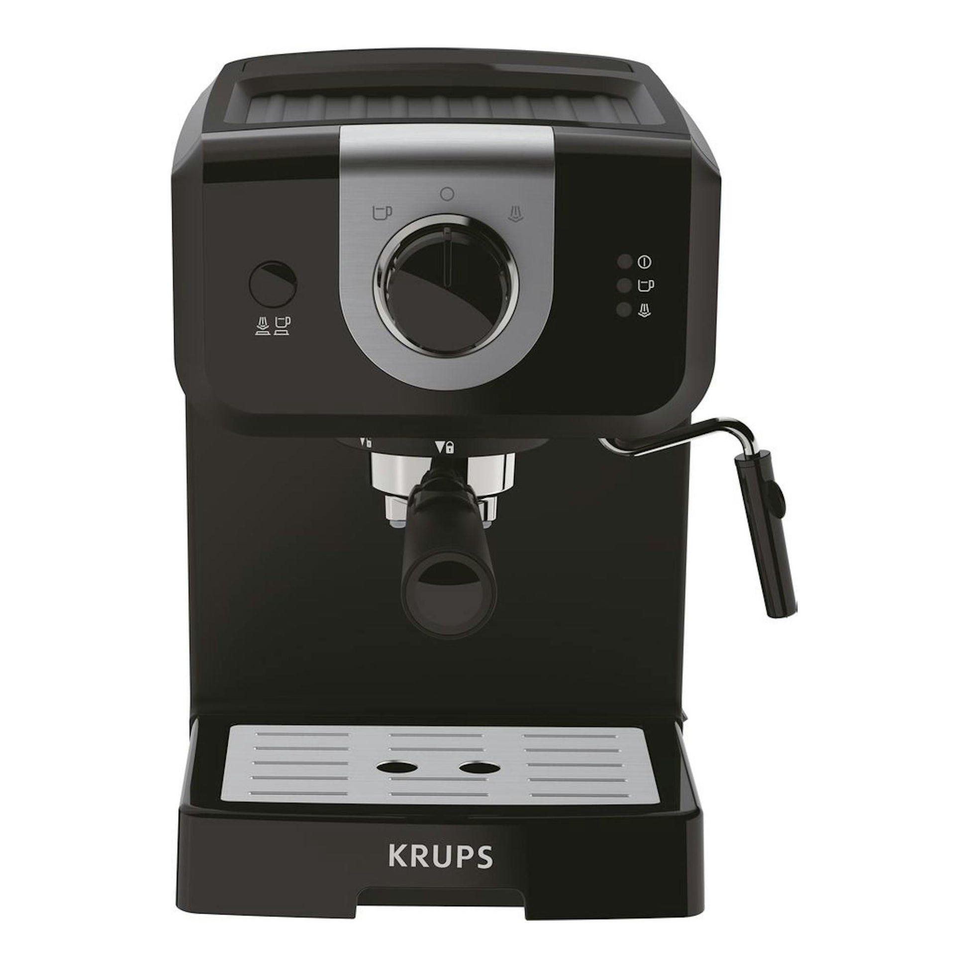Cafetera espresso Krups OPIO XP320810 negra, vista frontal, con vaporizador y bandeja metálica.