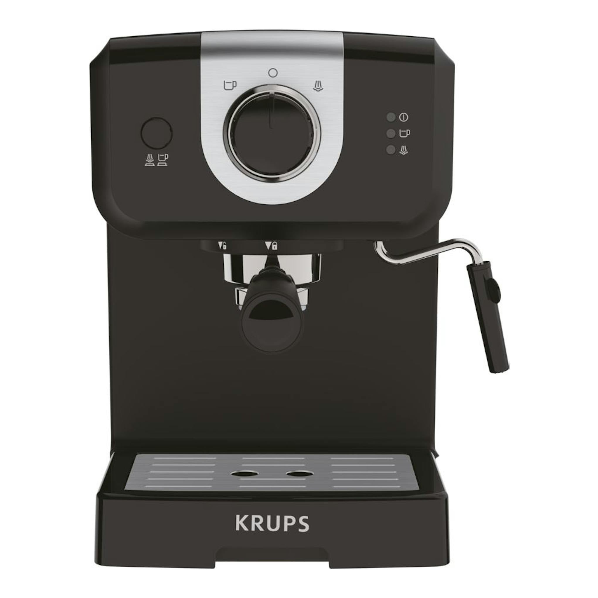 Cafetera espresso Krups OPIO XP320810 negra, vista frontal, con vaporizador y panel plateado.