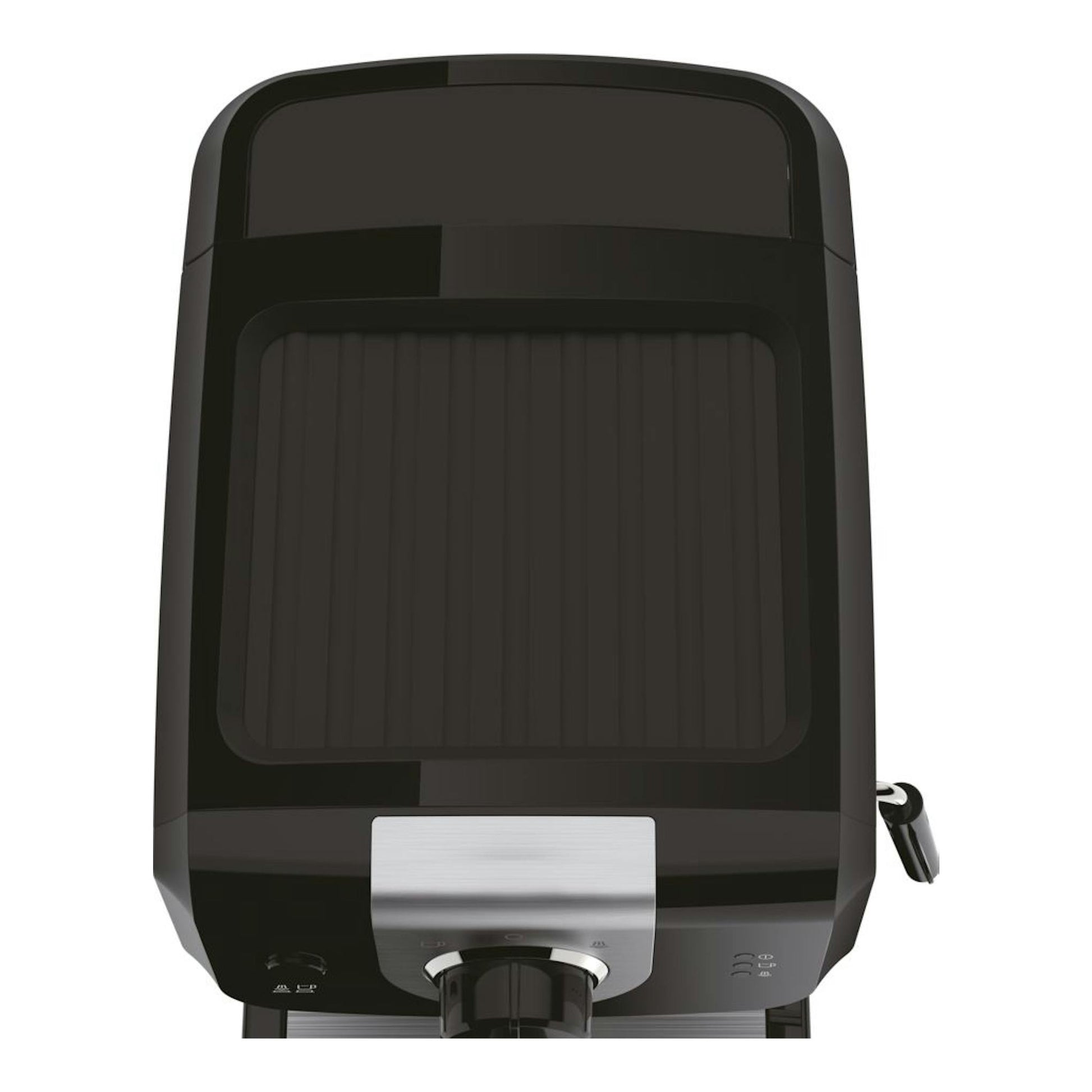 Krups OPIO XP320810, cafetera espresso negra, vista frontal con vaporizador lateral.