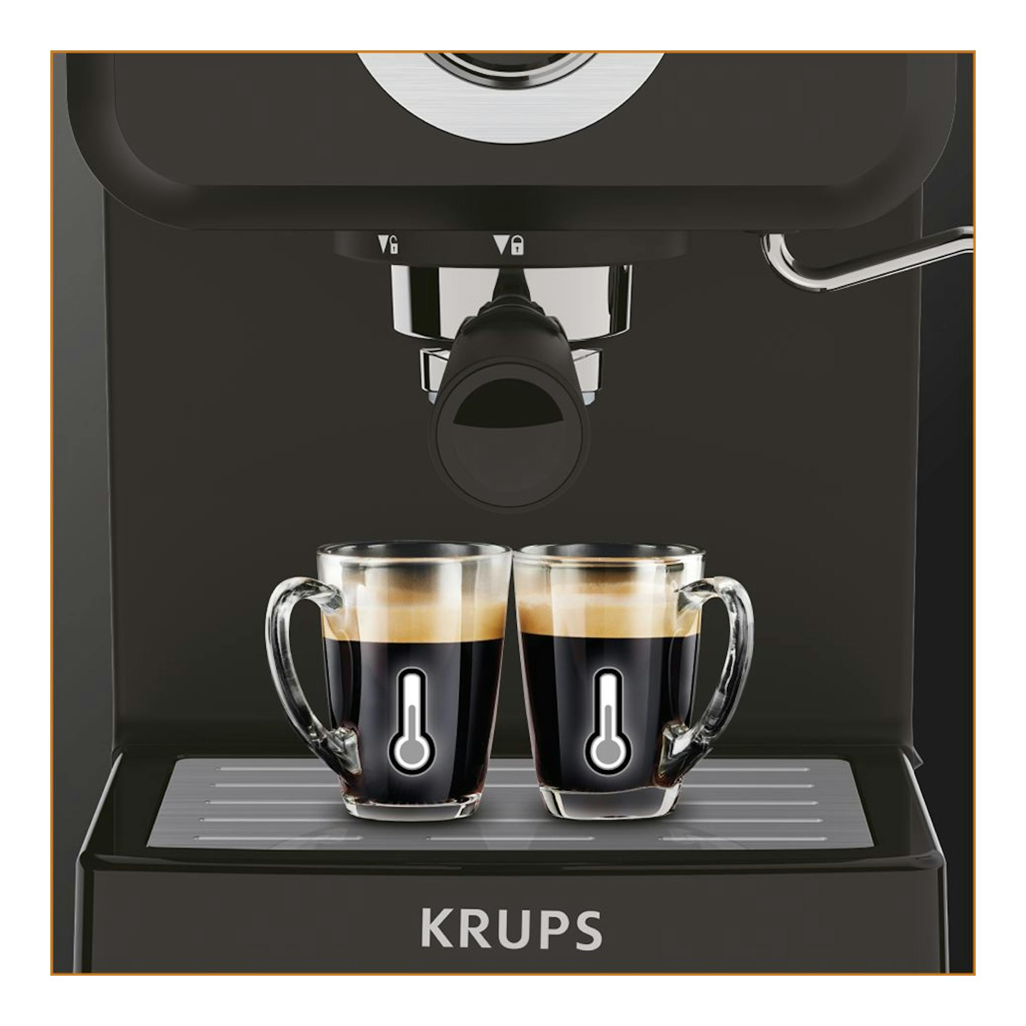 Cafetera espresso Krups OPIO XP320810 negra, vista frontal, con dos tazas bajo el dispensador.