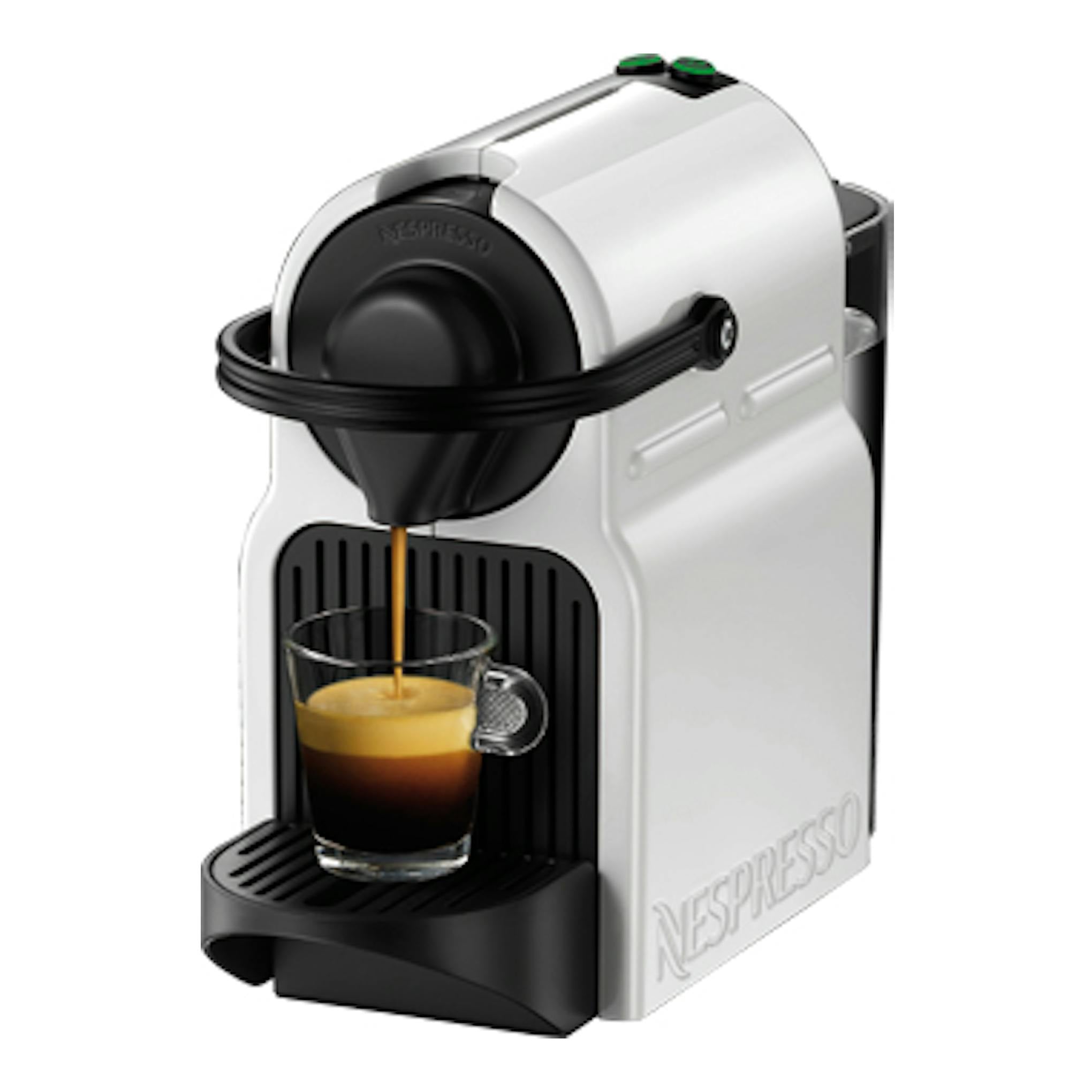 Cafetera de cápsulas Krups Nespresso Inissia XN1001, vista frontal, blanca y negra, con una taza debajo.