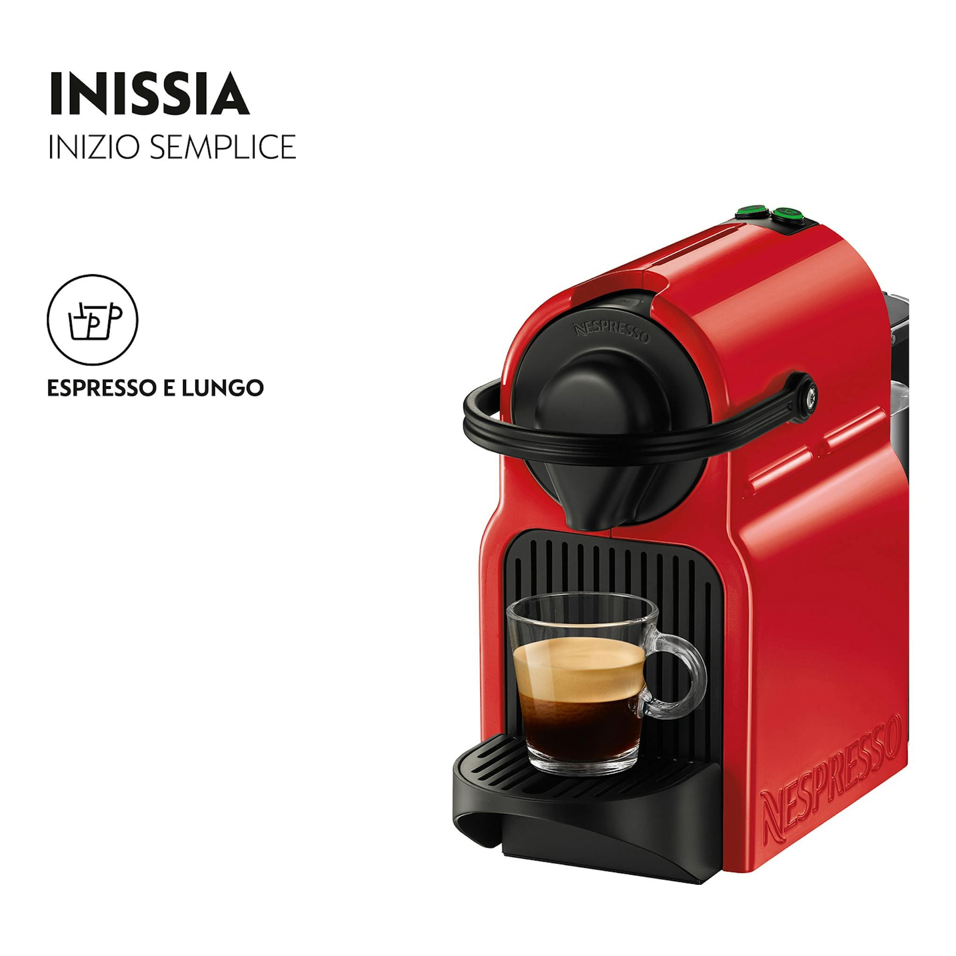 Máquina de cápsulas Nespresso Inissia roja, vista frontal, con taza de café en la bandeja.