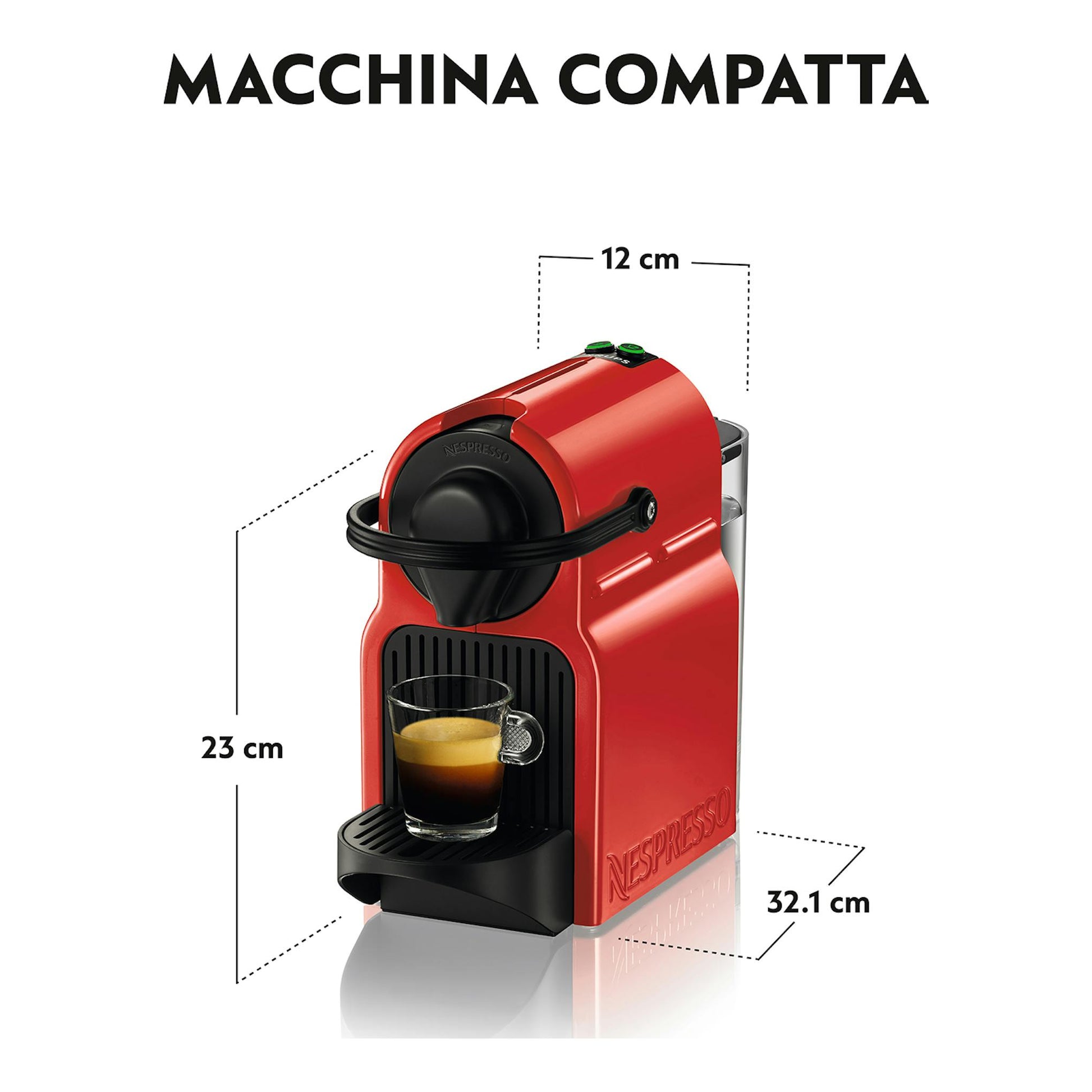 Cafetera de cápsulas Nespresso Krups XN1005RD roja, vista frontal, con taza y medidas 23 x 12 x 32,1 cm.