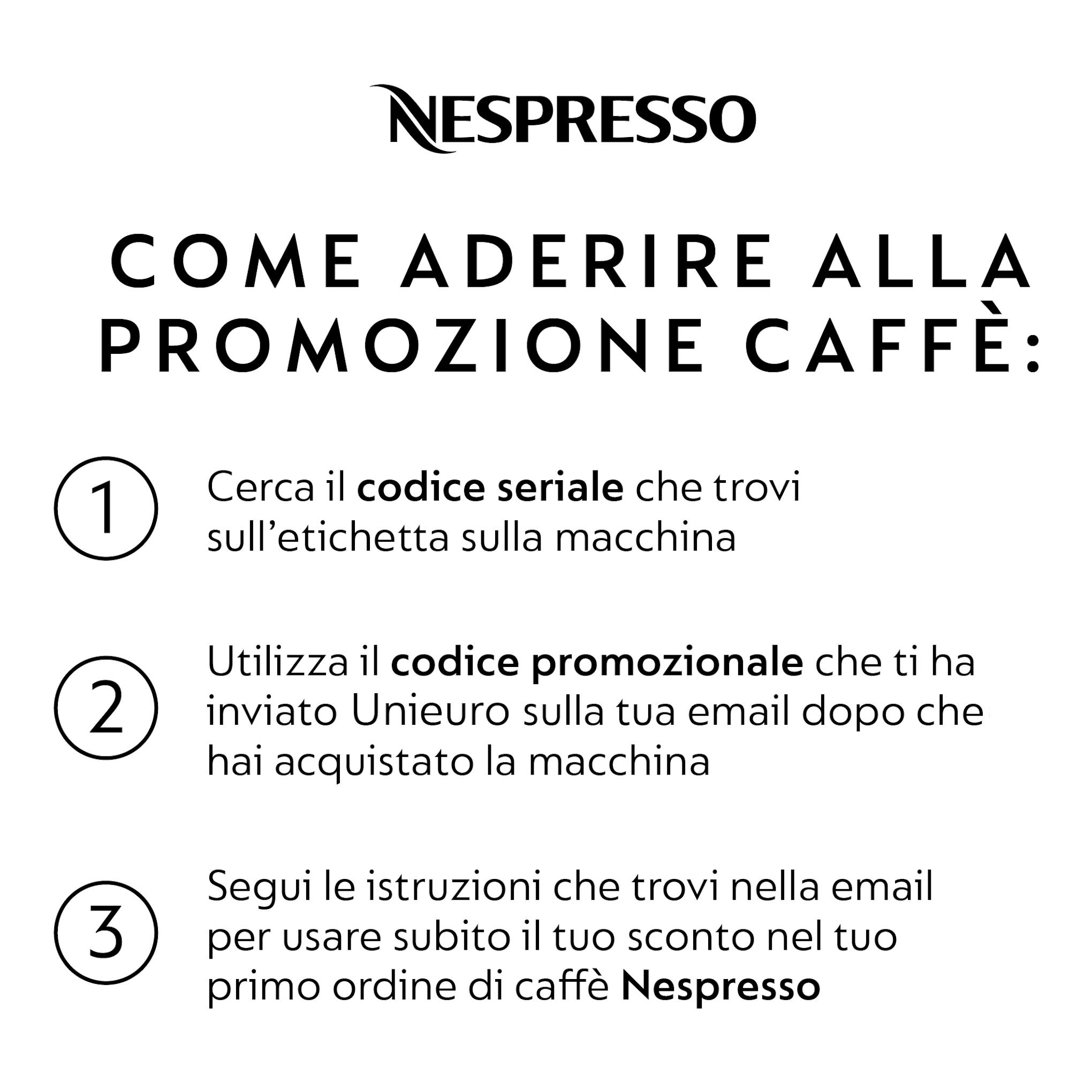 Cartel de Nespresso con logo y texto en italiano sobre promoción de café, con pasos numerados 1, 2 y 3.