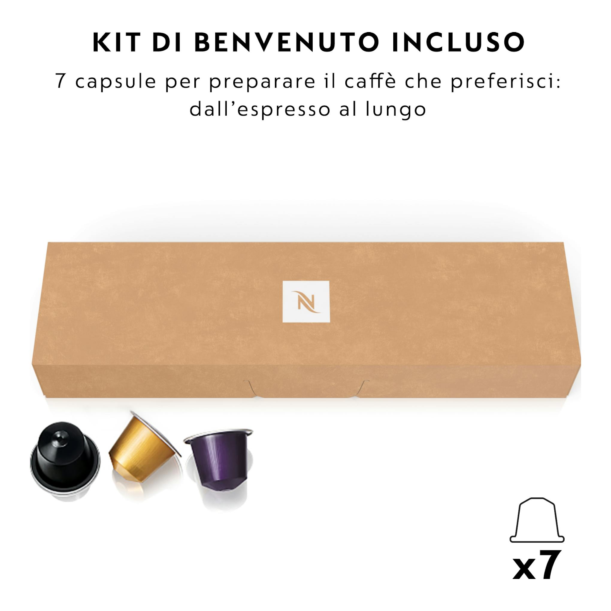 Kit de bienvenida Nespresso: caja beige con 7 cápsulas de café, vistas sobre fondo blanco.