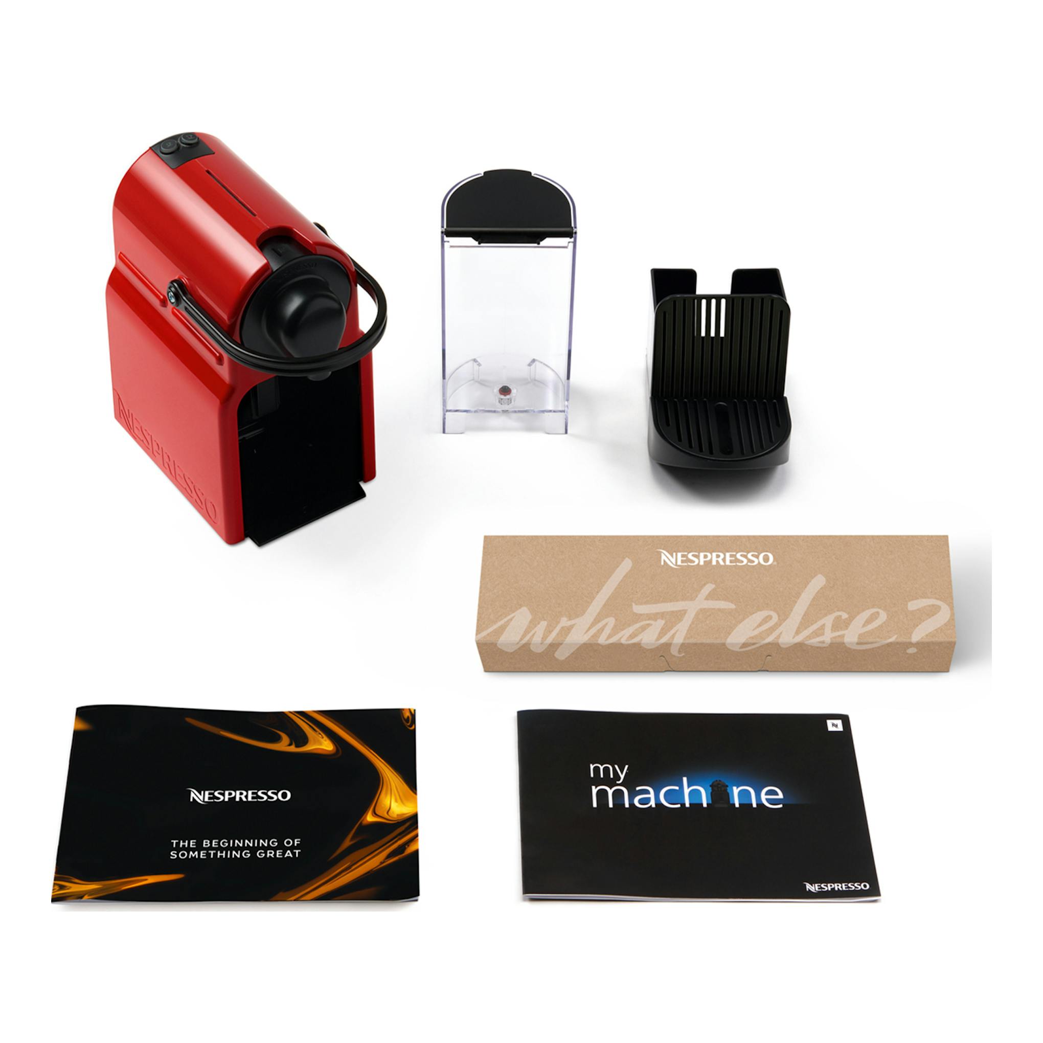 Cafetera Nespresso Krups XN1005RD roja, vista en ángulo, con depósito y bandeja desmontados.