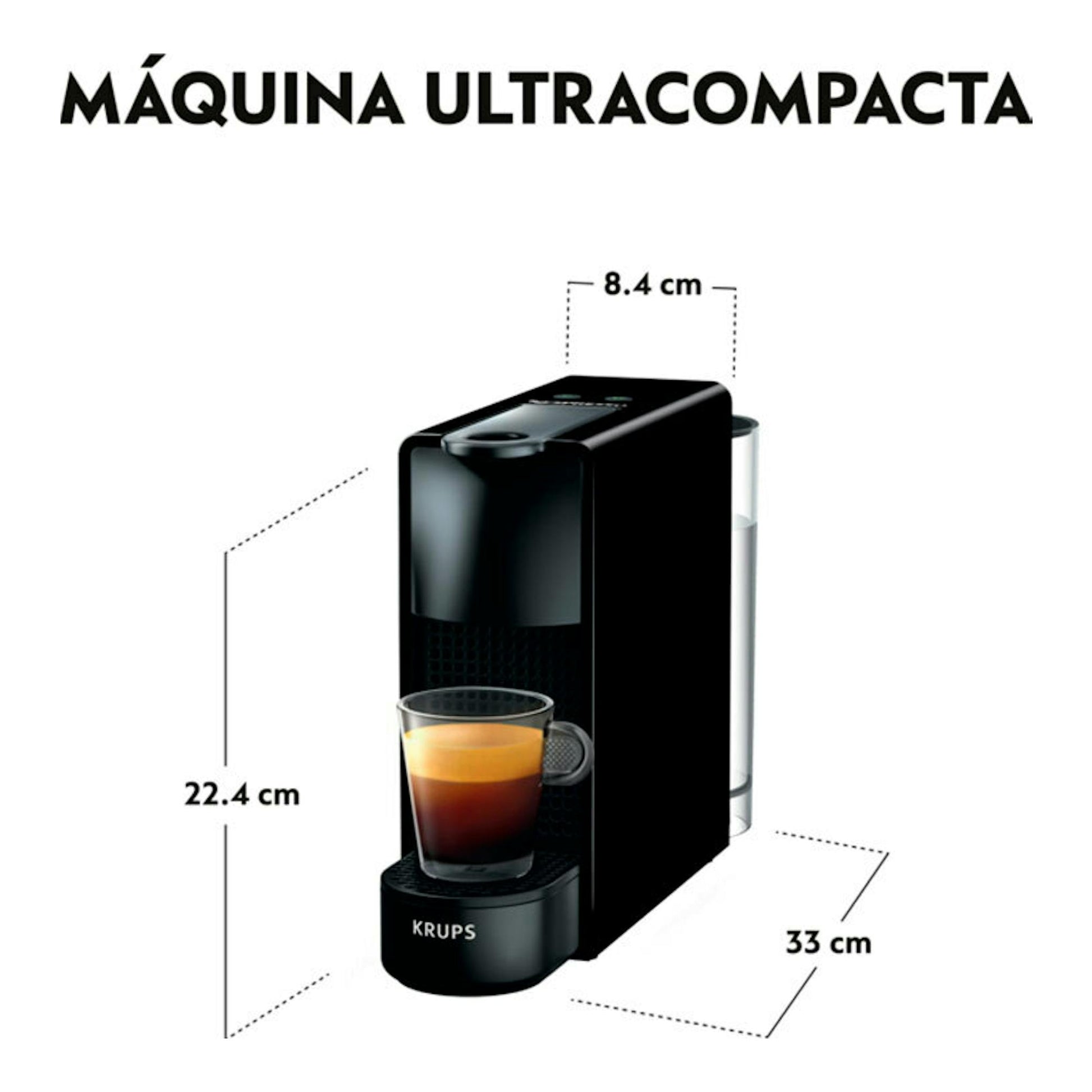 Cafetera Nespresso Krups XN1108RD negra, vista frontal en ángulo, con taza y medidas 22,4 x 8,4 x 33 cm.