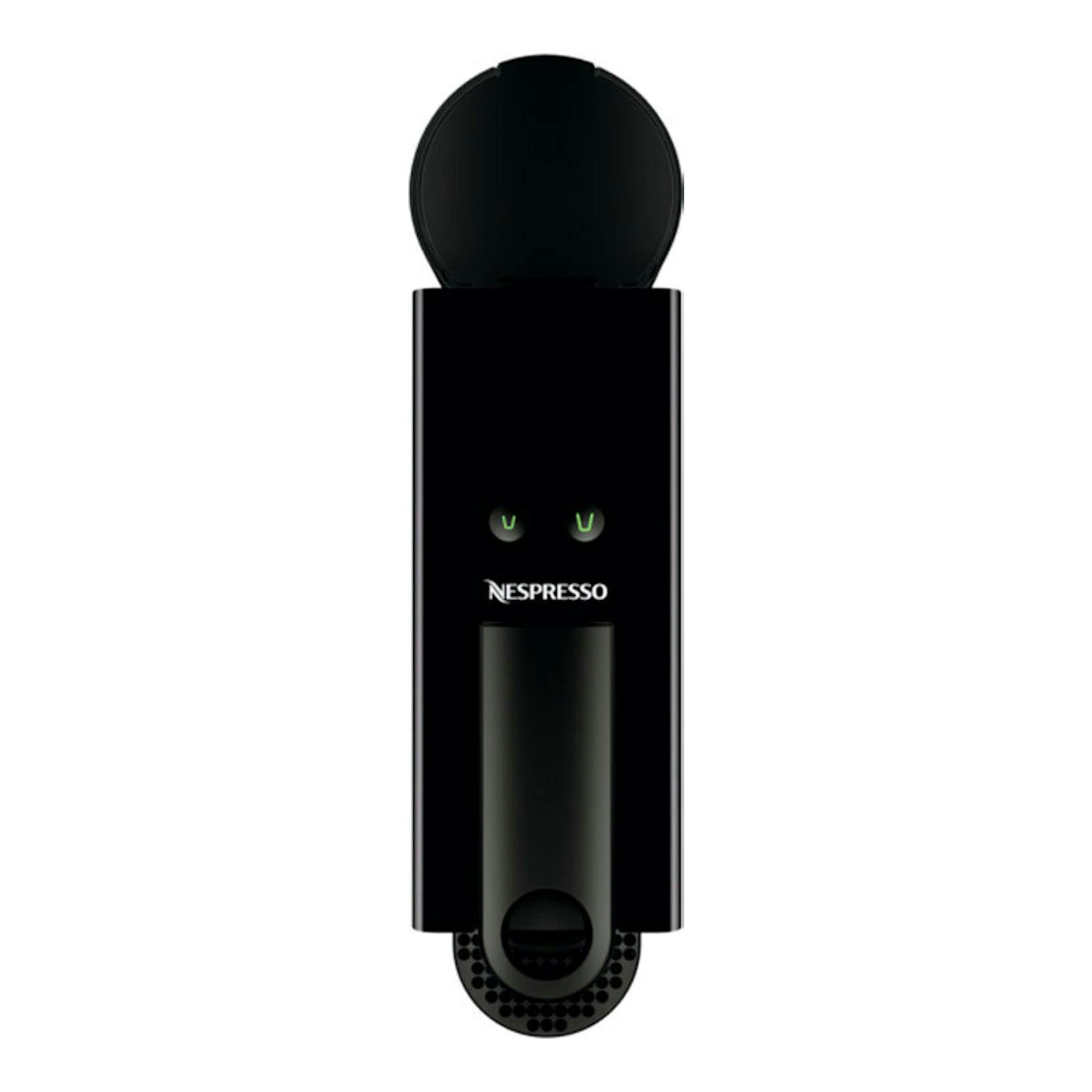 Cafetera Nespresso Krups XN1108RD negra, vista frontal, con tapa superior abierta.