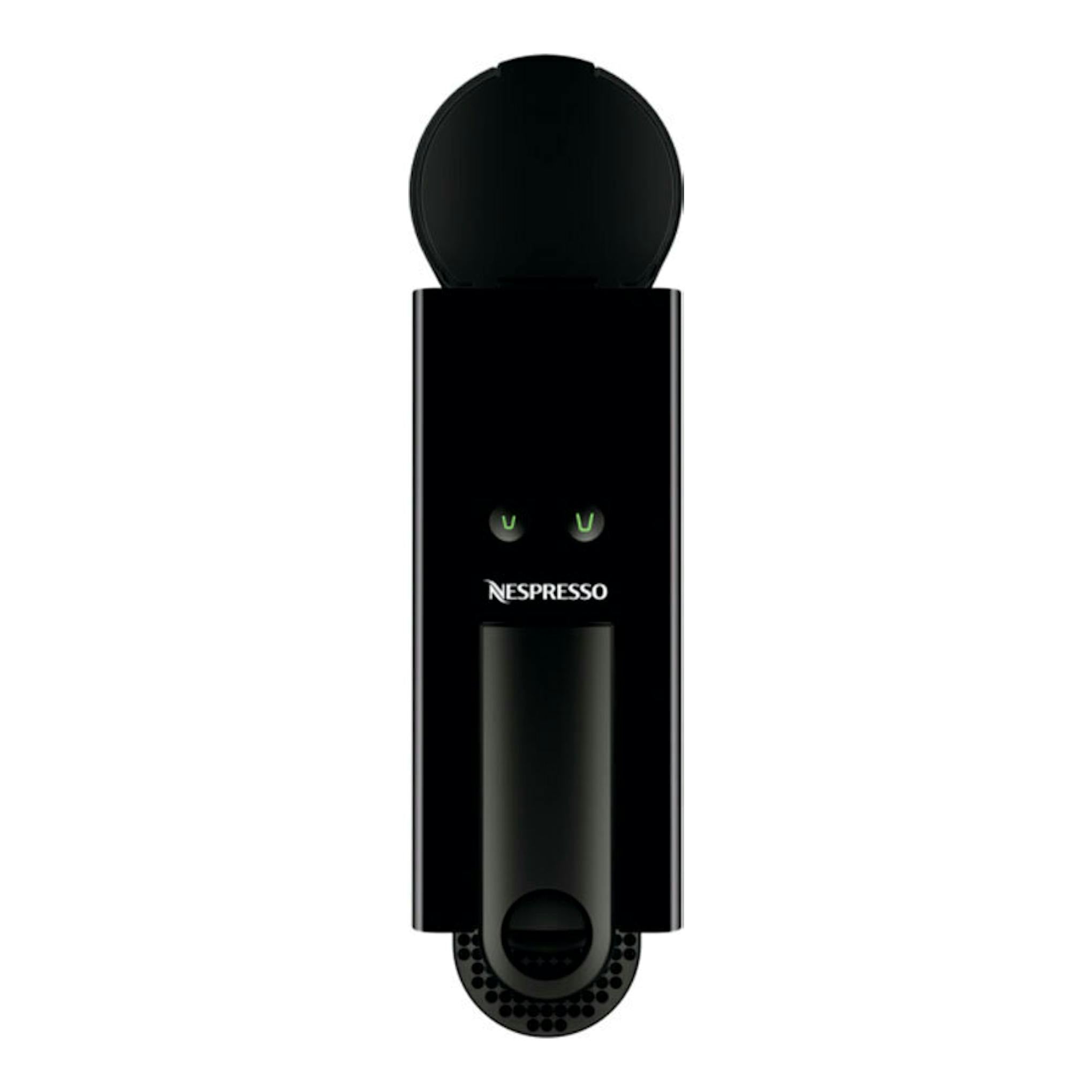 Cafetera Nespresso Krups XN1108RD negra, vista frontal, con tapa superior abierta.