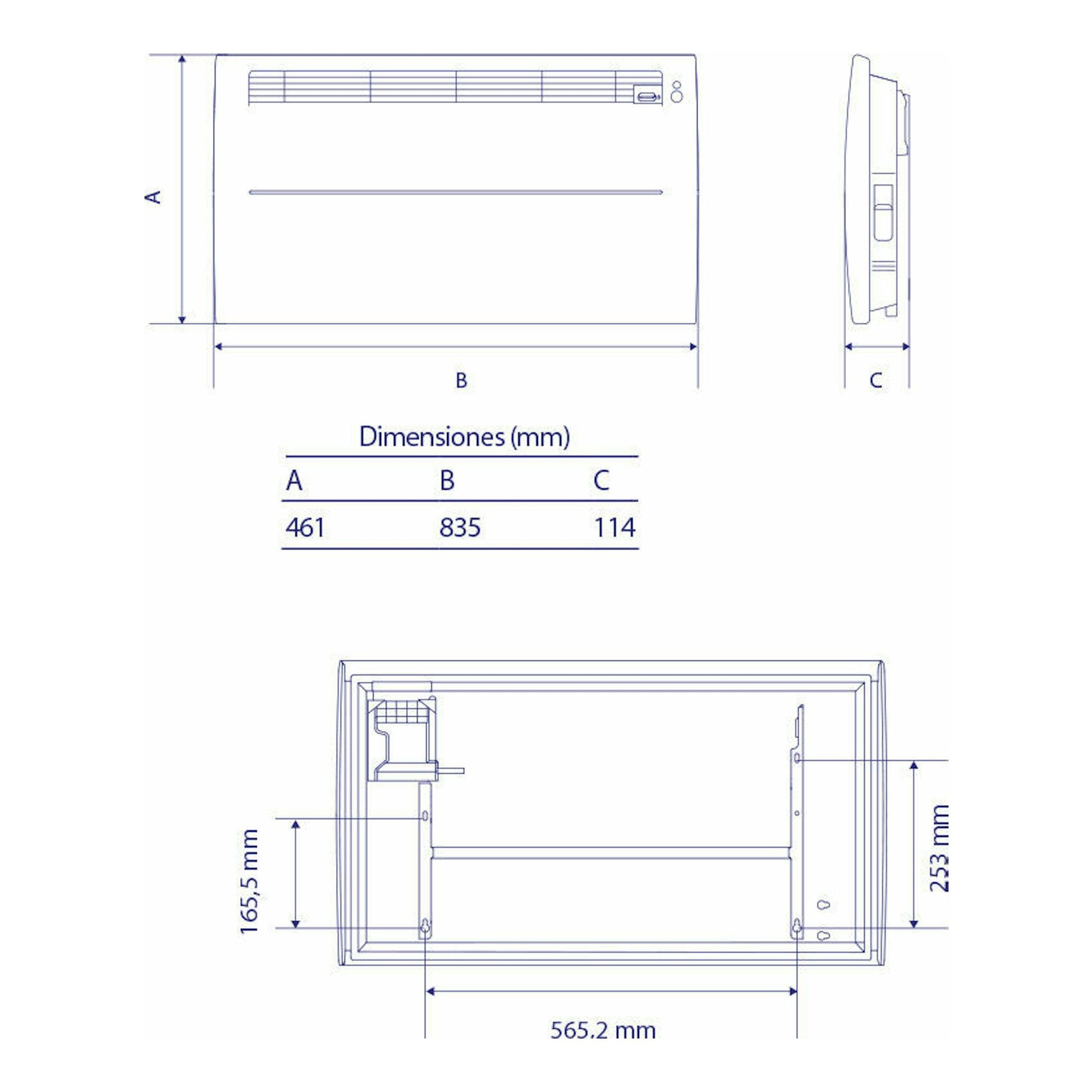 Dibujo técnico del calefactor Edesa G. Atlantic Mist 1500W, vistas frontal y lateral con dimensiones en mm.