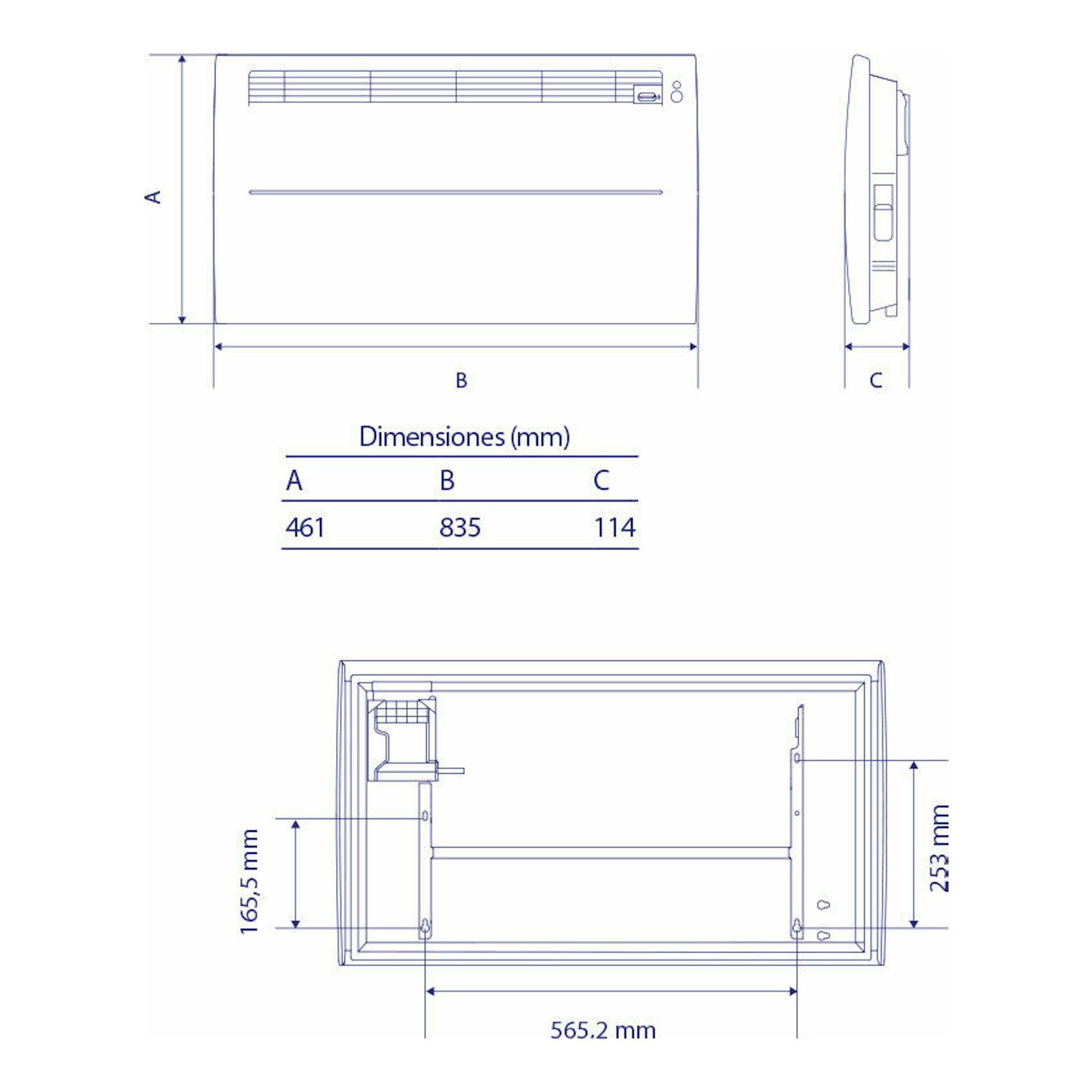 Dibujo técnico del calefactor Edesa G. Atlantic Mist 1500W, vistas frontal y lateral con dimensiones en mm.