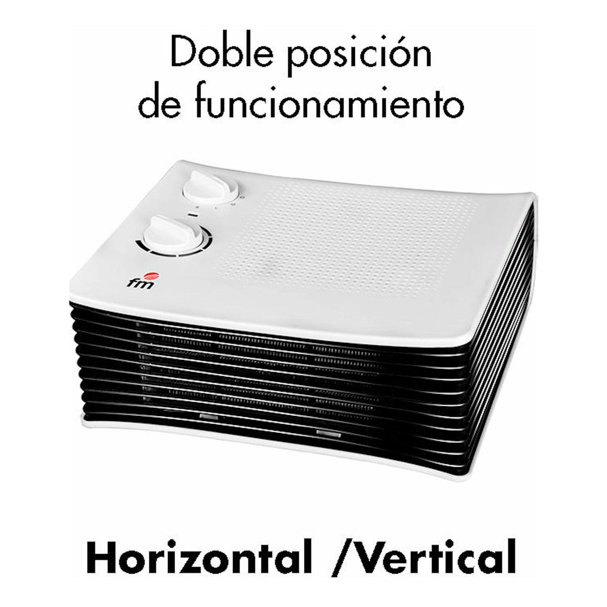 Calefactor FM T-Dual blanco y negro, vista en tres cuartos, con dos mandos y uso horizontal/vertical.