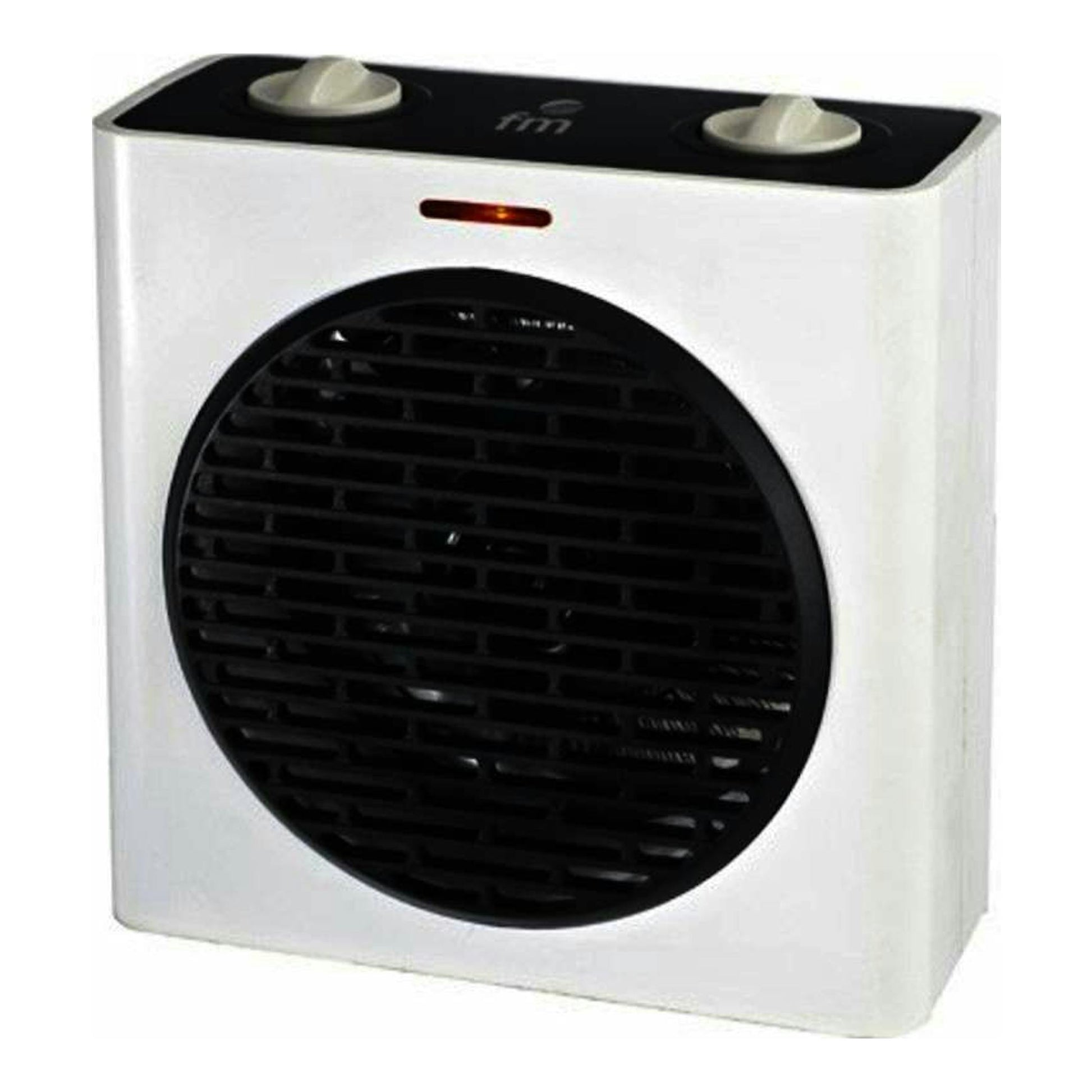 Calefactor FM T20 blanco, vista frontal, con rejilla circular negra y dos mandos superiores.