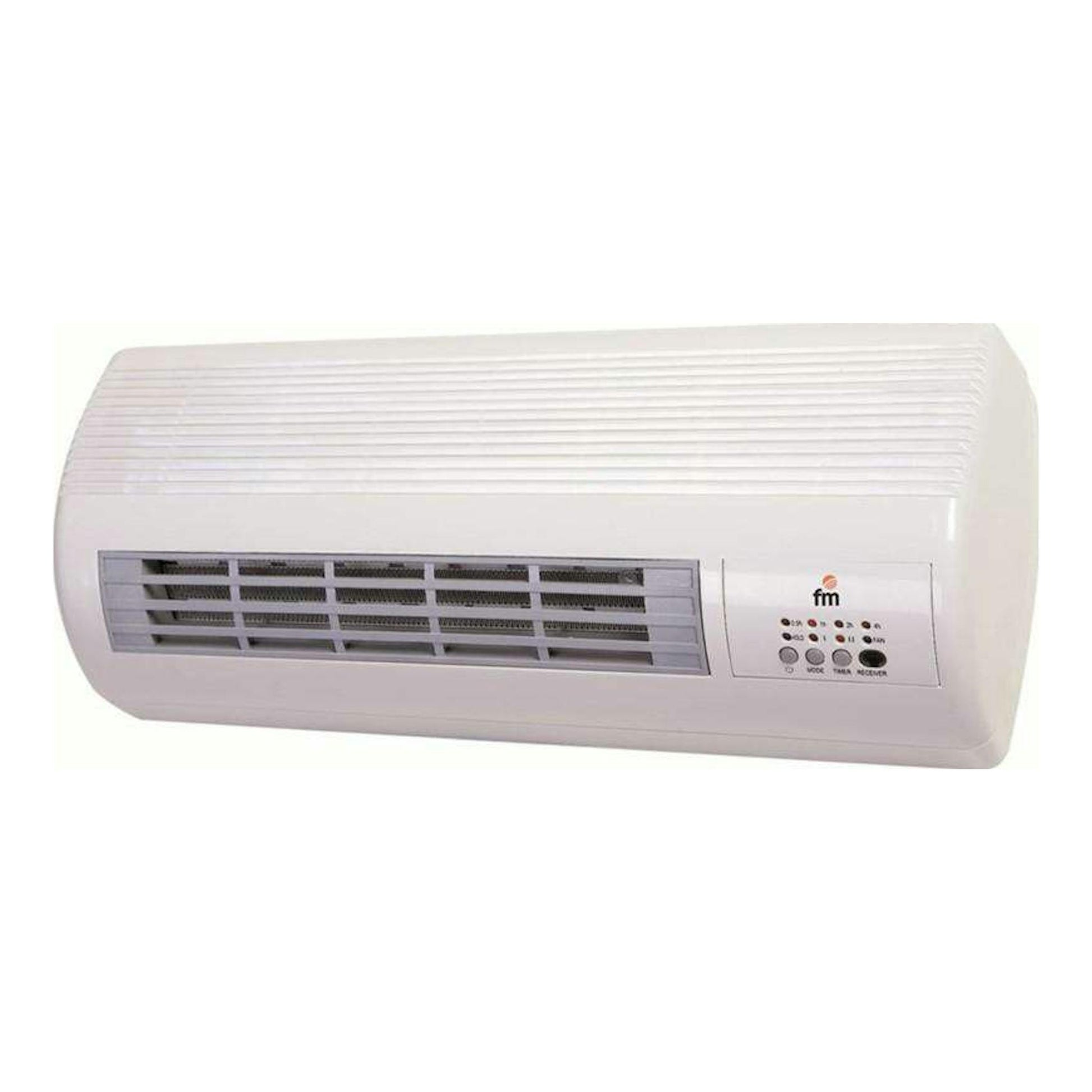 Calefactor blanco FM TS2001, vista frontal en ángulo, con rejilla y panel de control lateral.