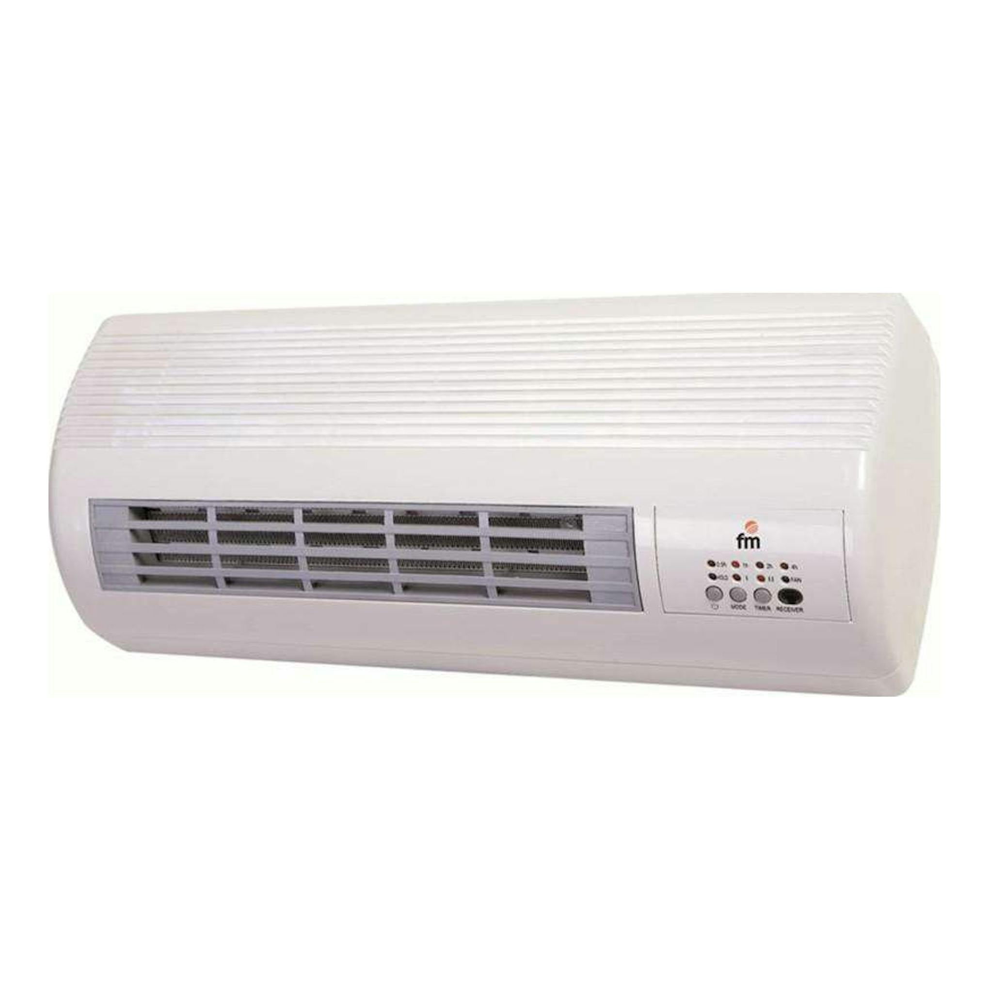 Calefactor blanco FM TS2001, vista frontal en ángulo, con rejilla y panel de control lateral.