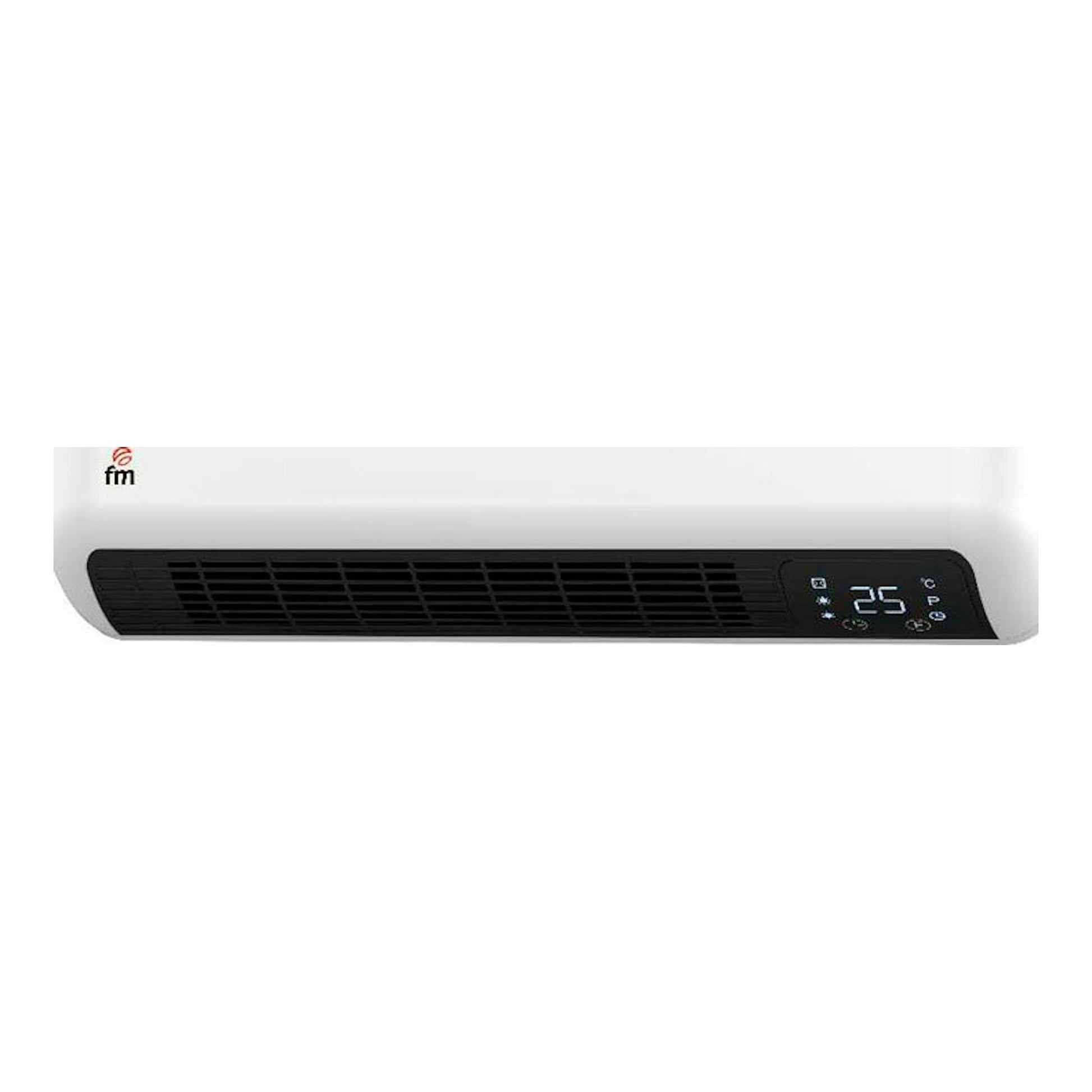 Calefactor split FM TS20 blanco, vista frontal, con rejilla negra inferior y pantalla digital a 25 °C.
