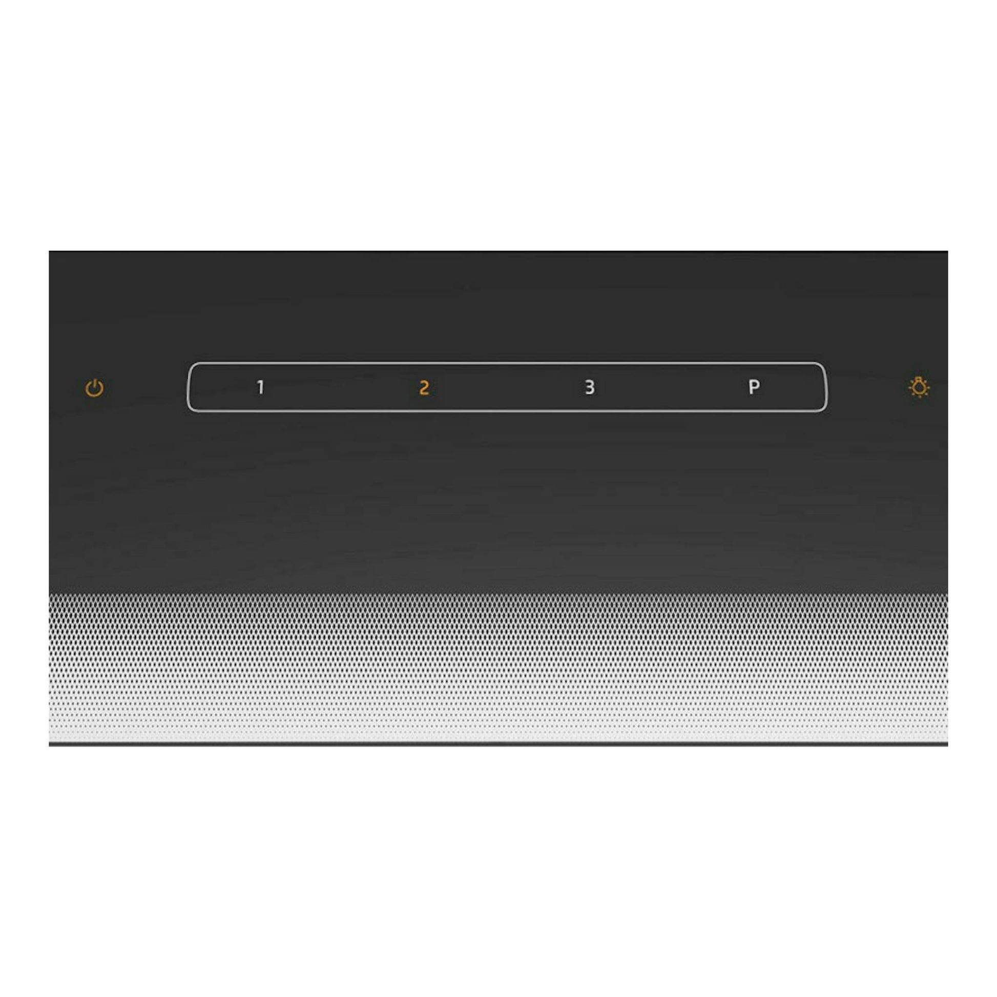 Panel frontal de campana Balay 3BD967GN negro, con controles táctiles y rejilla metálica inferior.