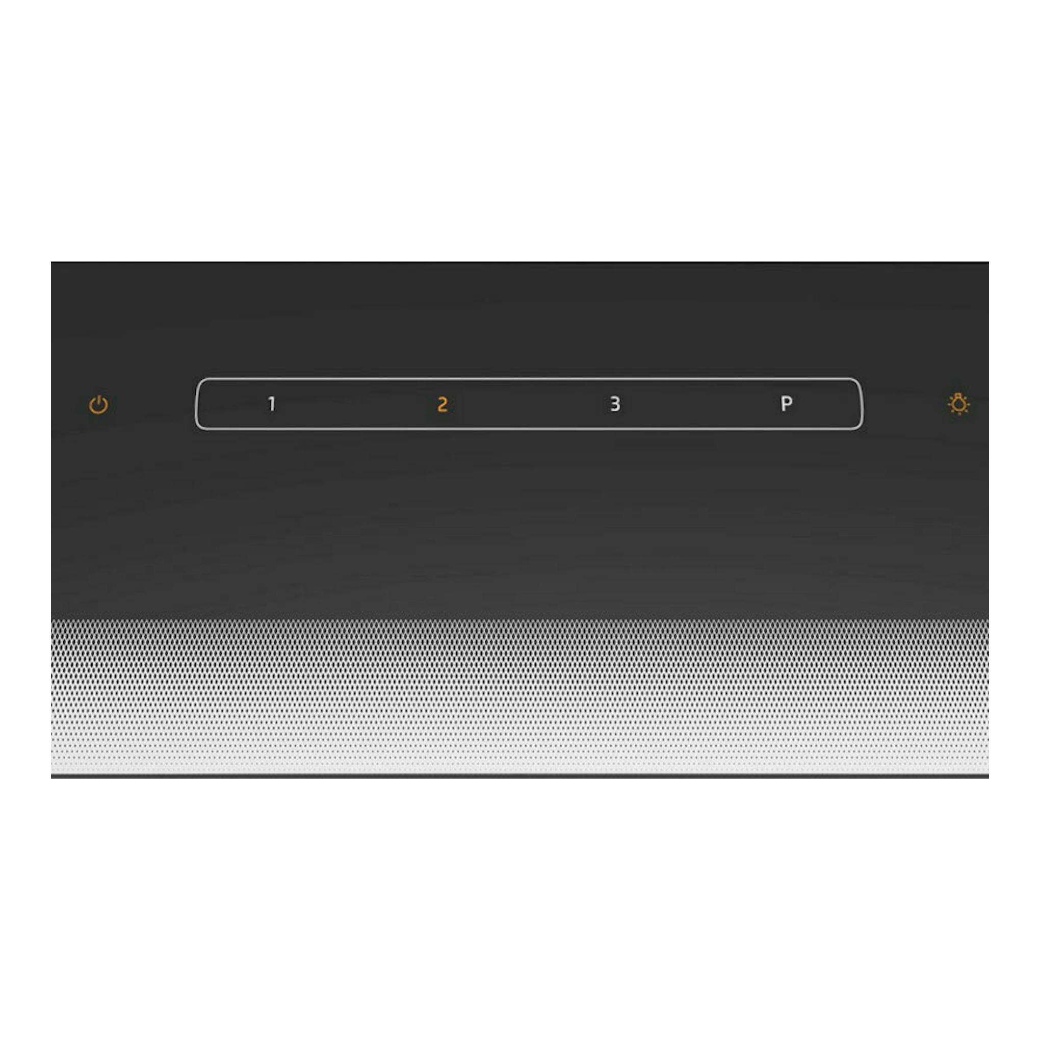Panel frontal de campana Balay 3BD967GN negro, con controles táctiles y rejilla metálica inferior.
